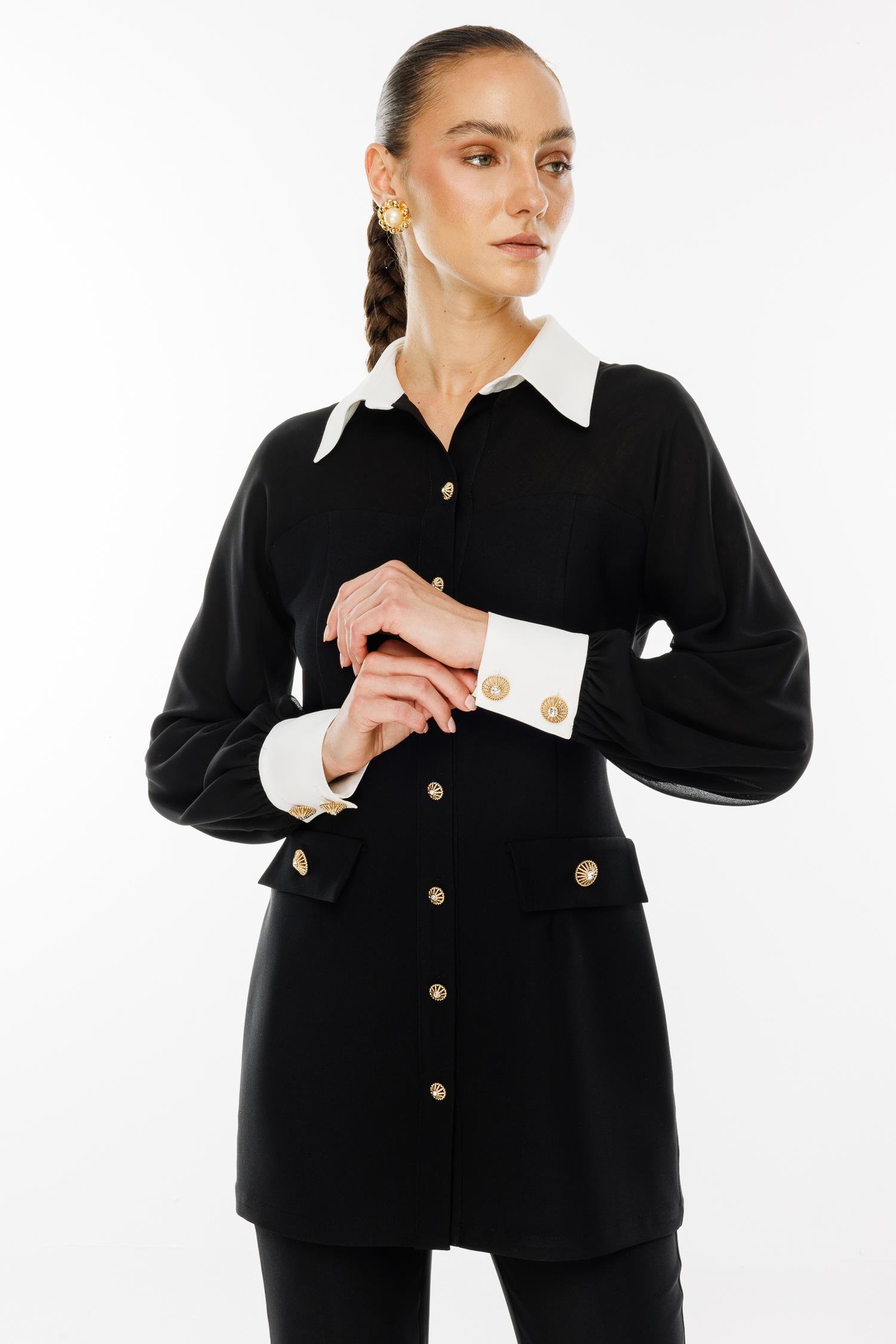 Modailgi  Şifon Kumaş Mix Detaylı Düğme Kapamalı Tunik Siyah