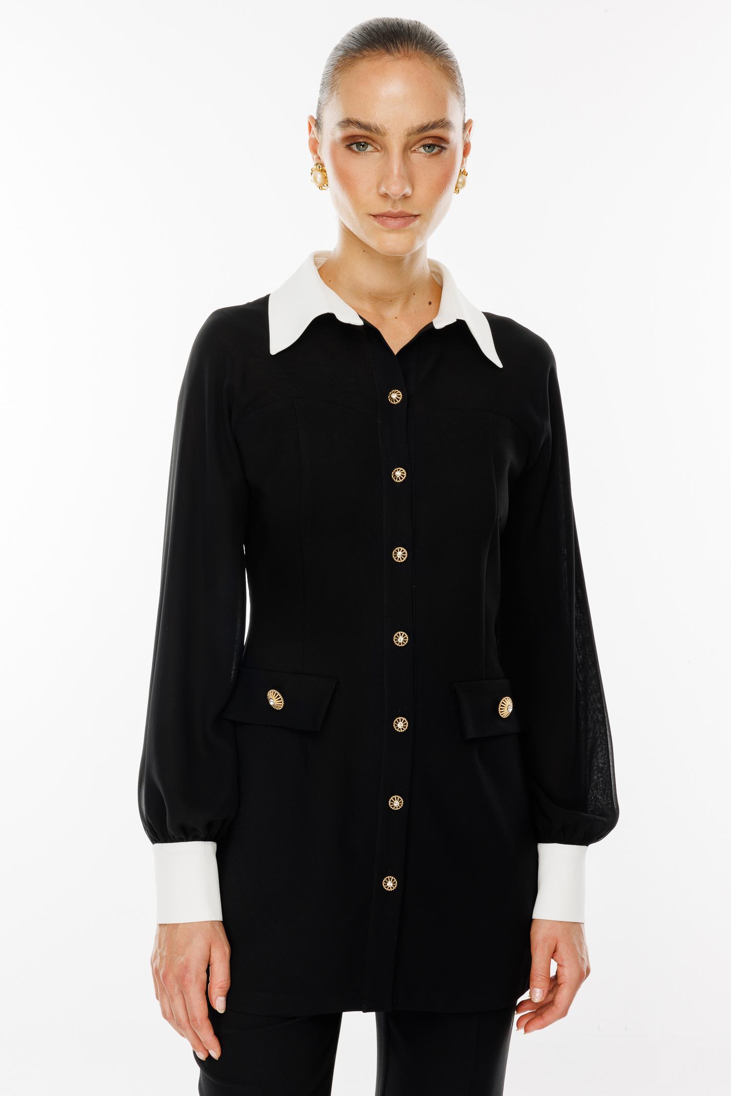 Modailgi  Şifon Kumaş Mix Detaylı Düğme Kapamalı Tunik Siyah