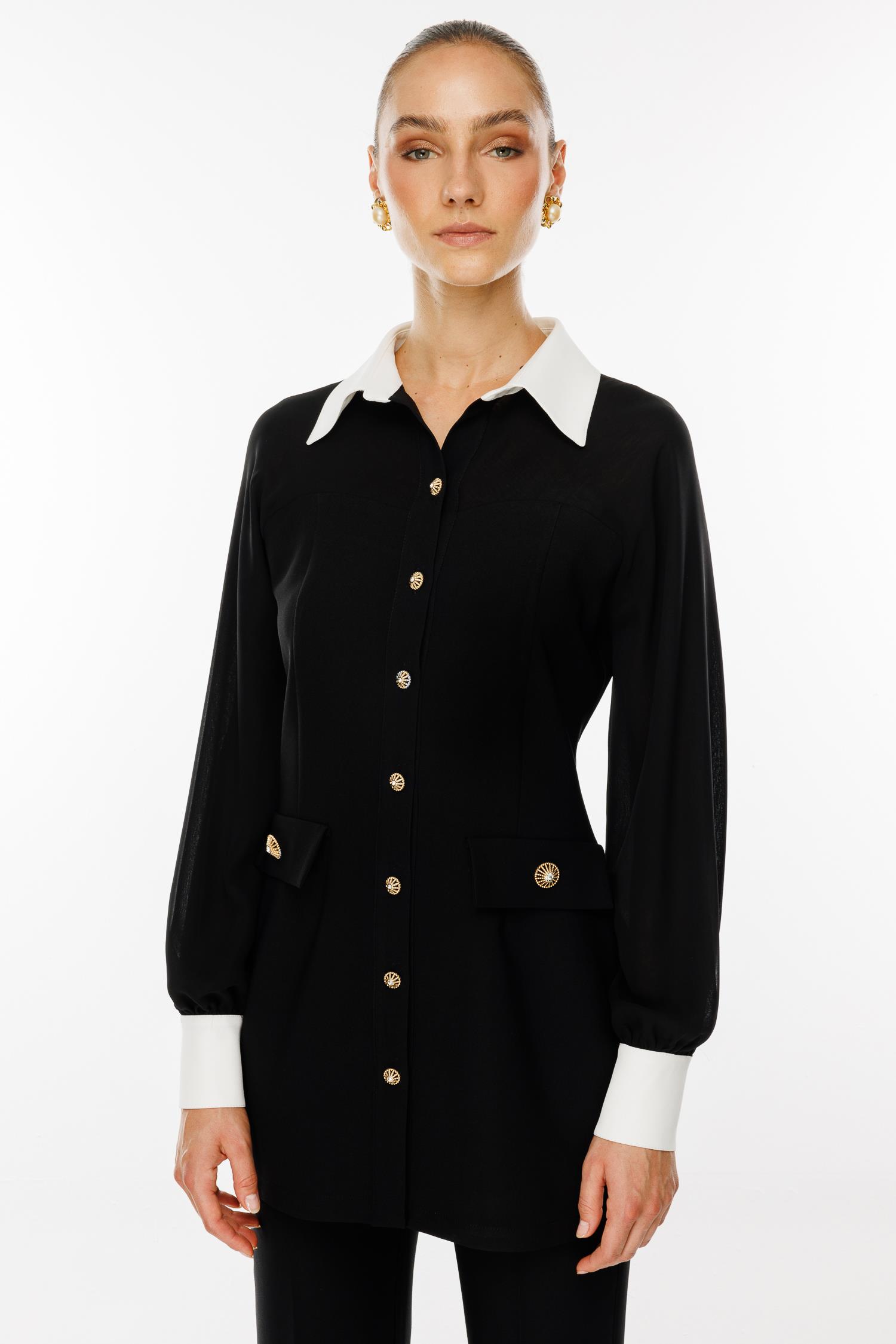 Modailgi  Şifon Kumaş Mix Detaylı Düğme Kapamalı Tunik Siyah