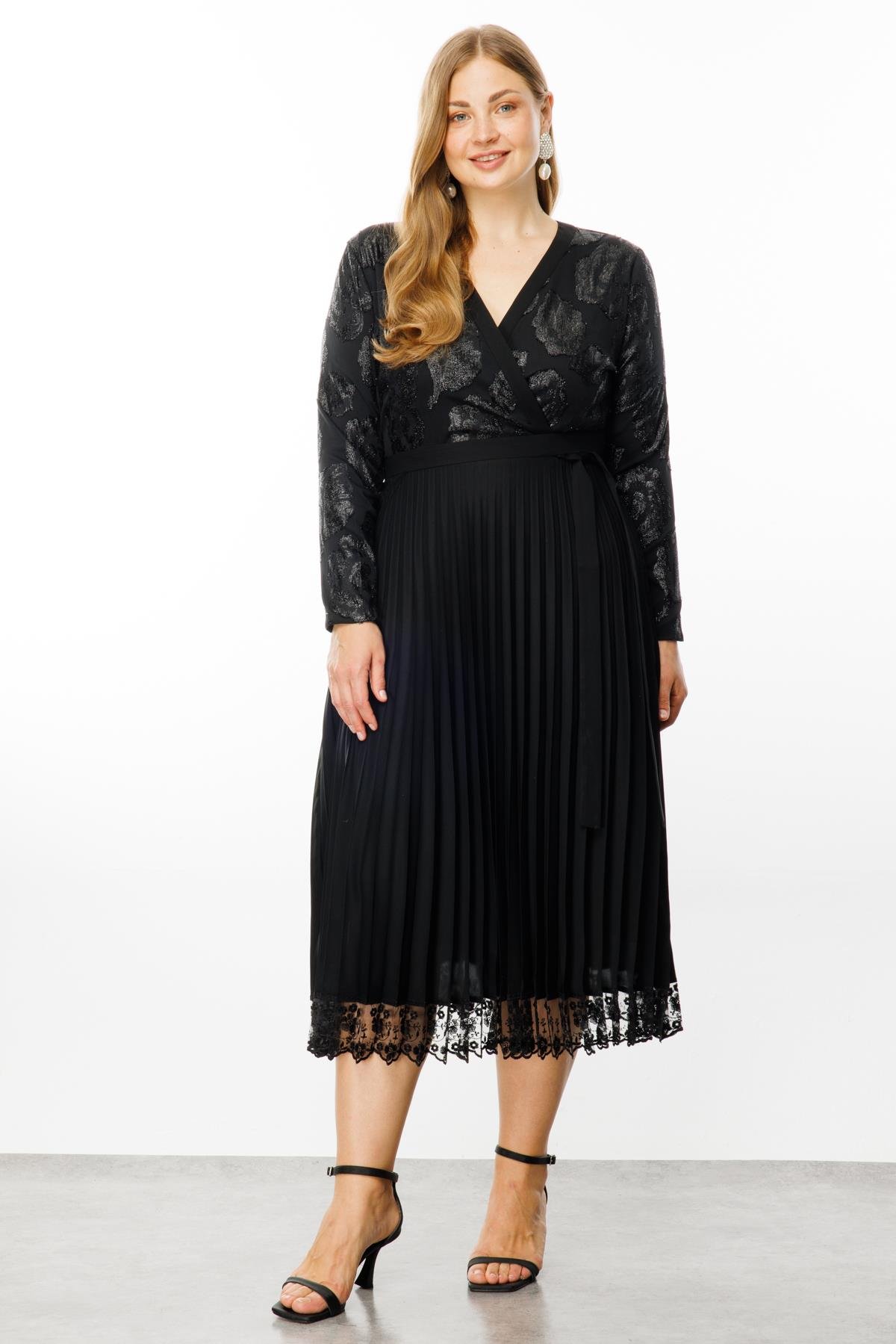 Modailgi  Simli Çiçek Jakarlı Eteği Plisoley Kruvaze Elbise Siyah