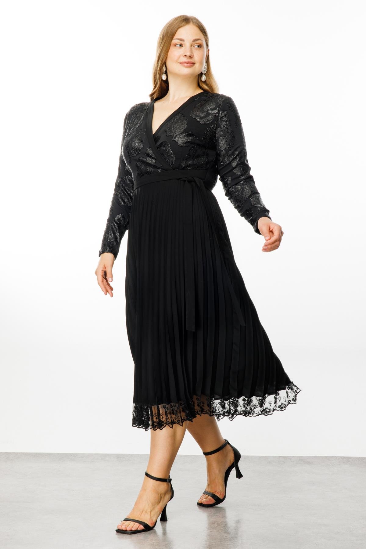 Modailgi  Simli Çiçek Jakarlı Eteği Plisoley Kruvaze Elbise Siyah