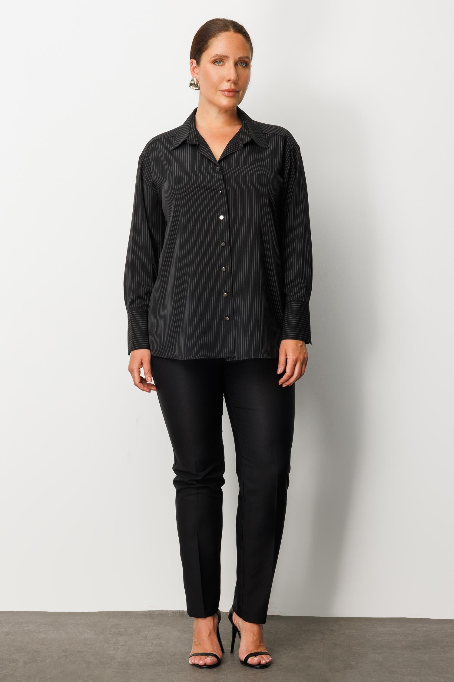 Modailgi  Simli Çizgili Gömlek Siyah