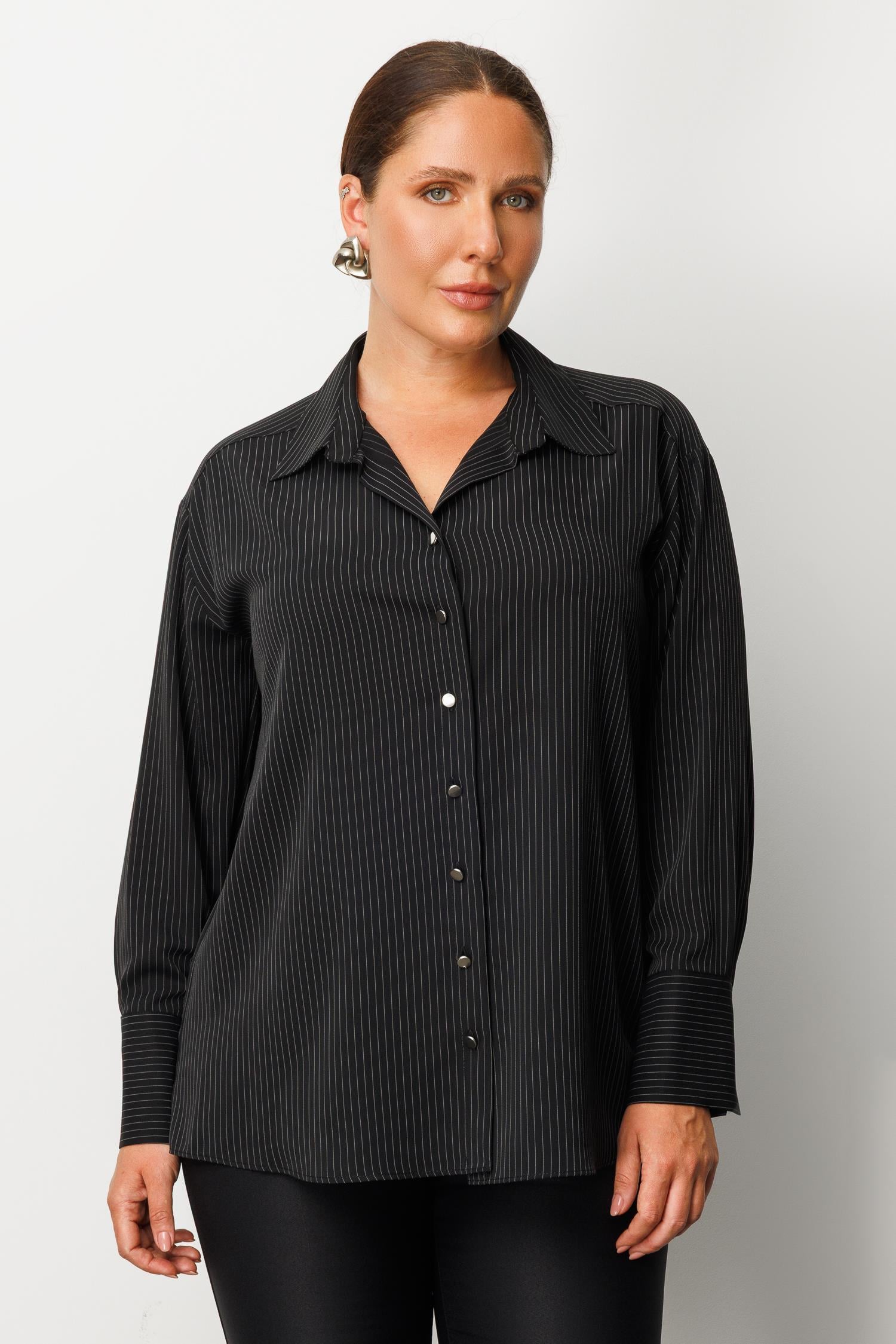 Modailgi  Simli Çizgili Gömlek Siyah