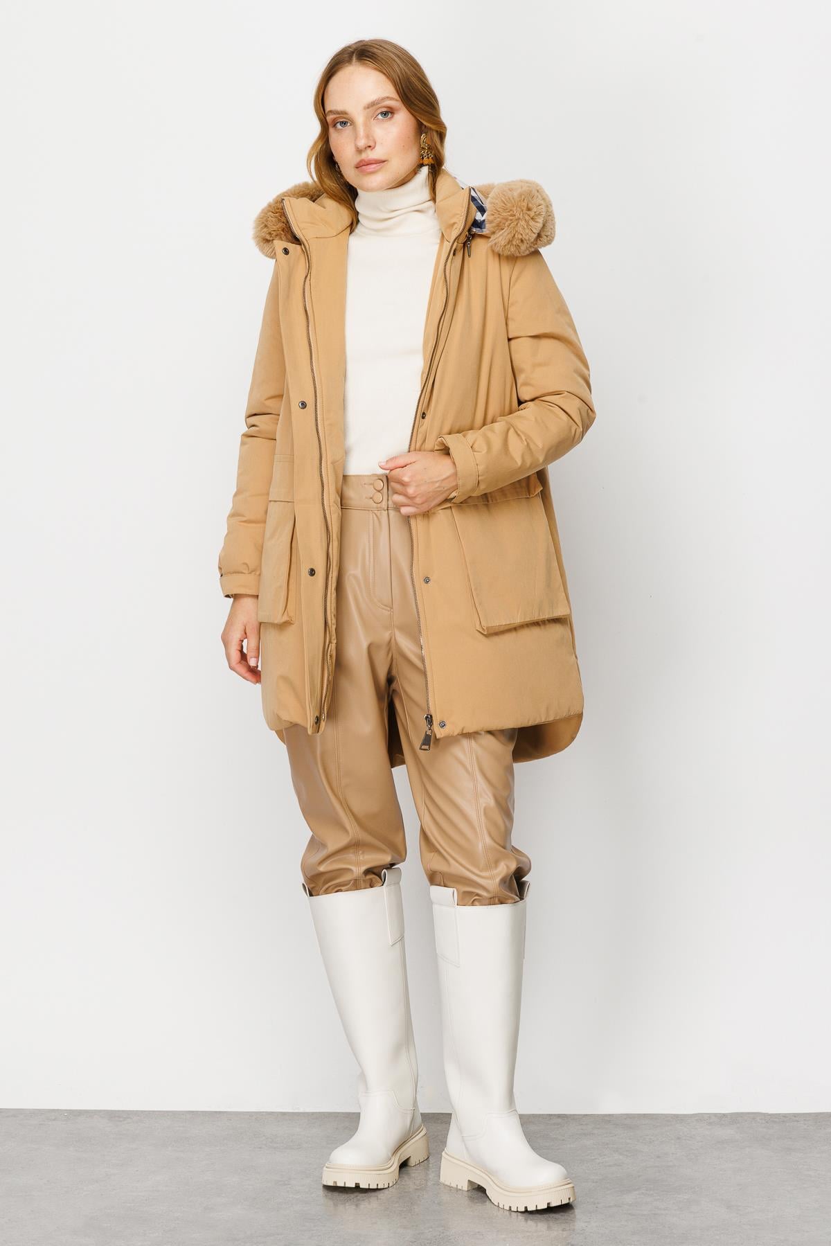 Modailgi  İç Astarı Ekose Desen Parka Kaban Camel