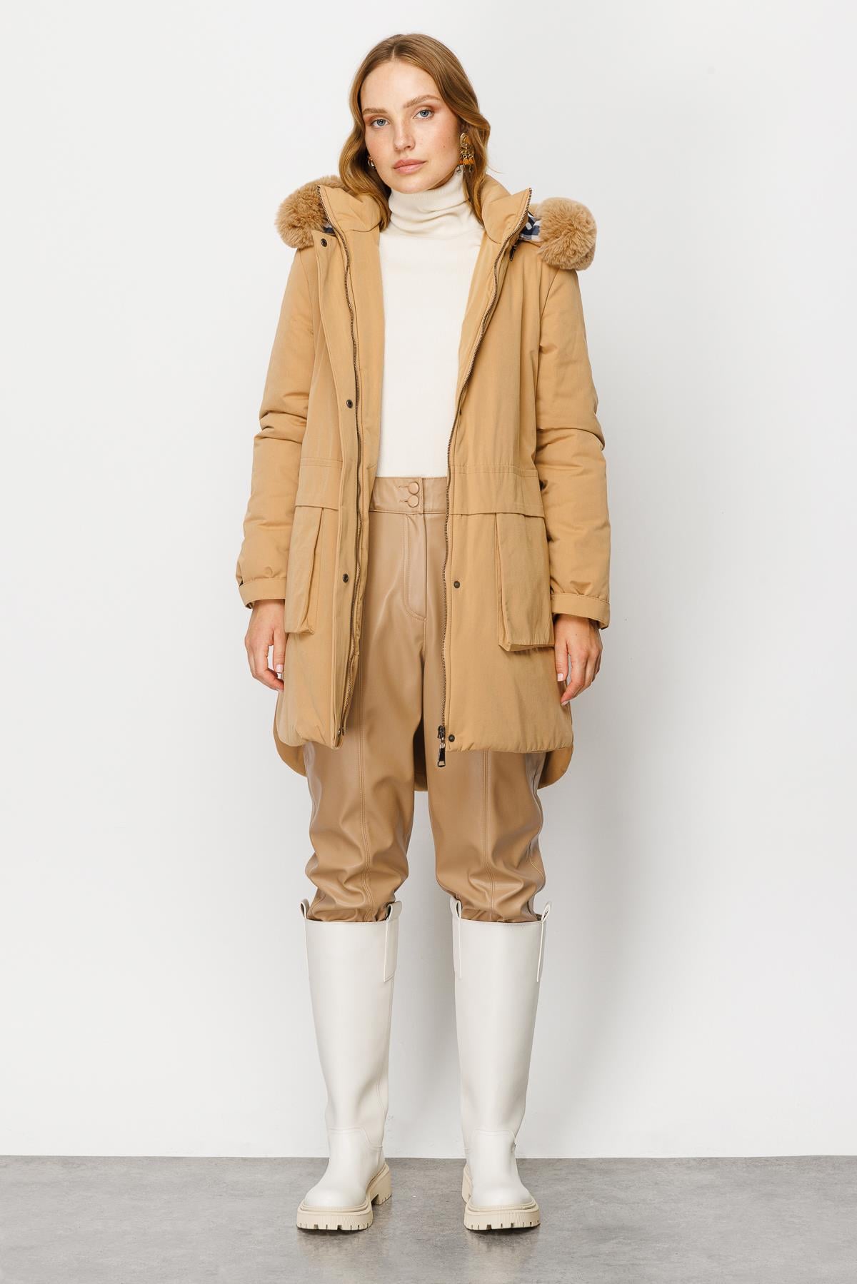Modailgi  İç Astarı Ekose Desen Parka Kaban Camel