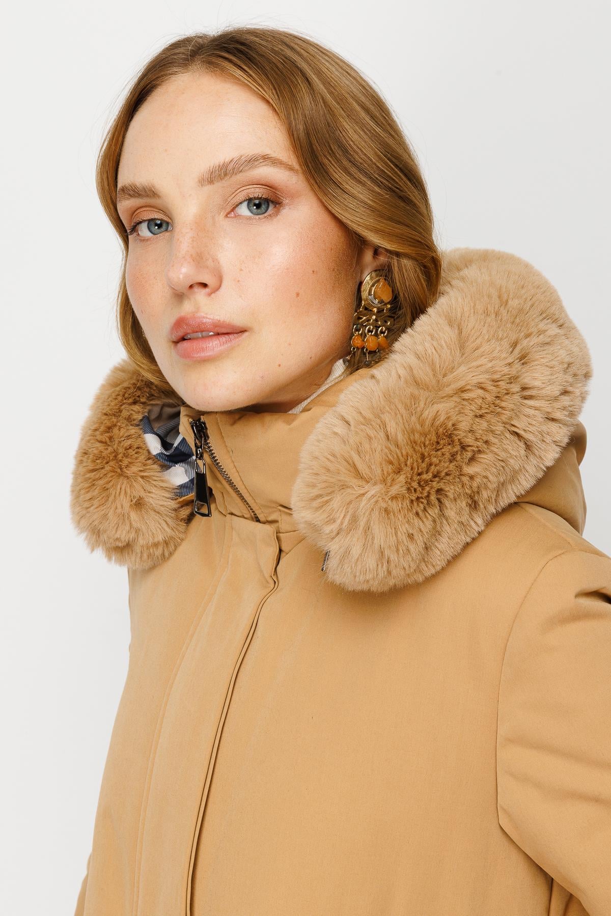 Modailgi  İç Astarı Ekose Desen Parka Kaban Camel