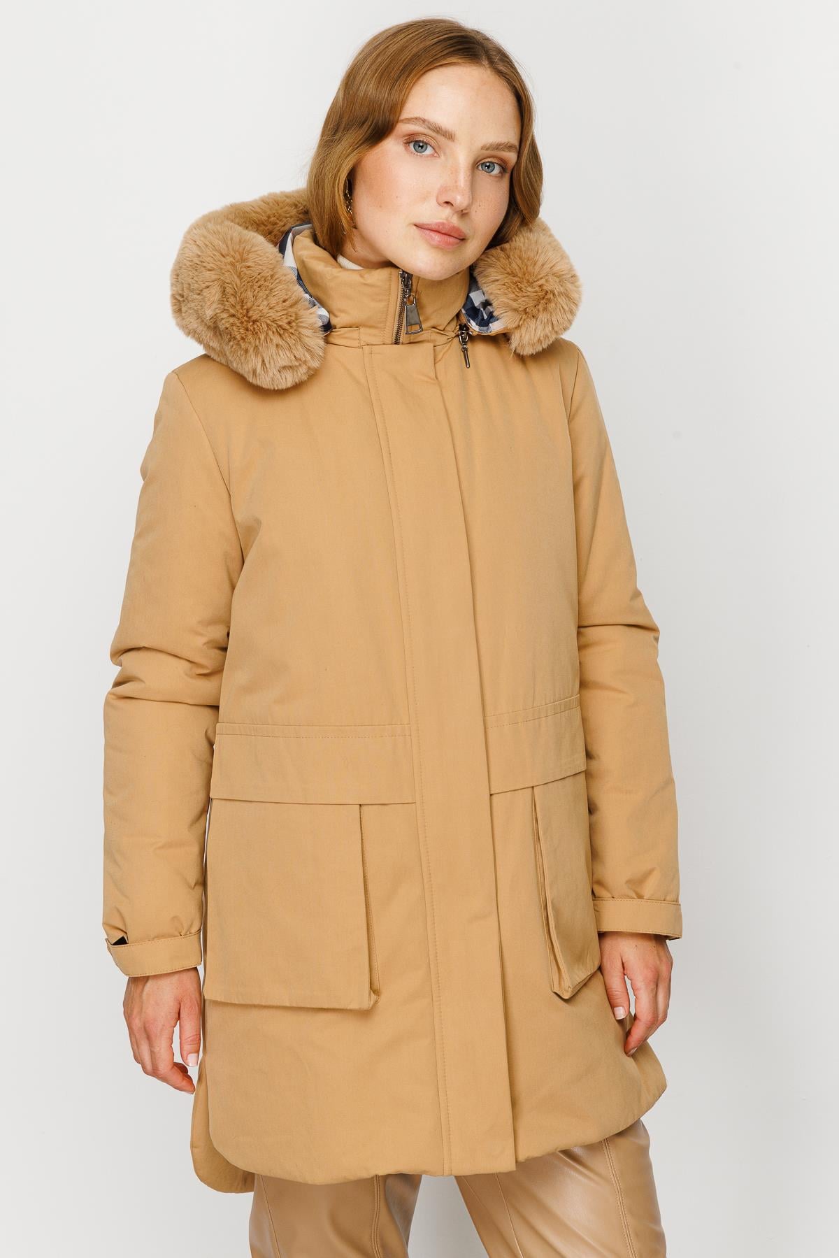 Modailgi  İç Astarı Ekose Desen Parka Kaban Camel