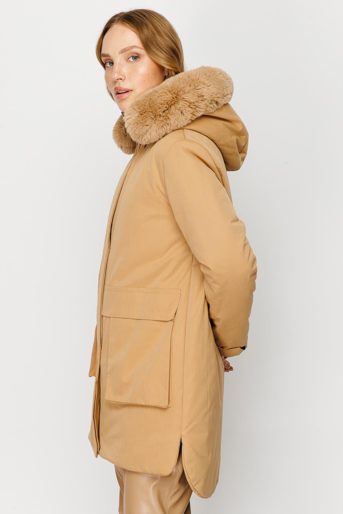 Modailgi  İç Astarı Ekose Desen Parka Kaban Camel