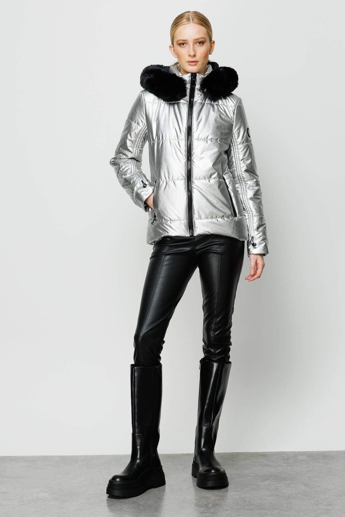 Modailgi  Kapüşonlu Kısa Rugan Şişme Kaban Gri