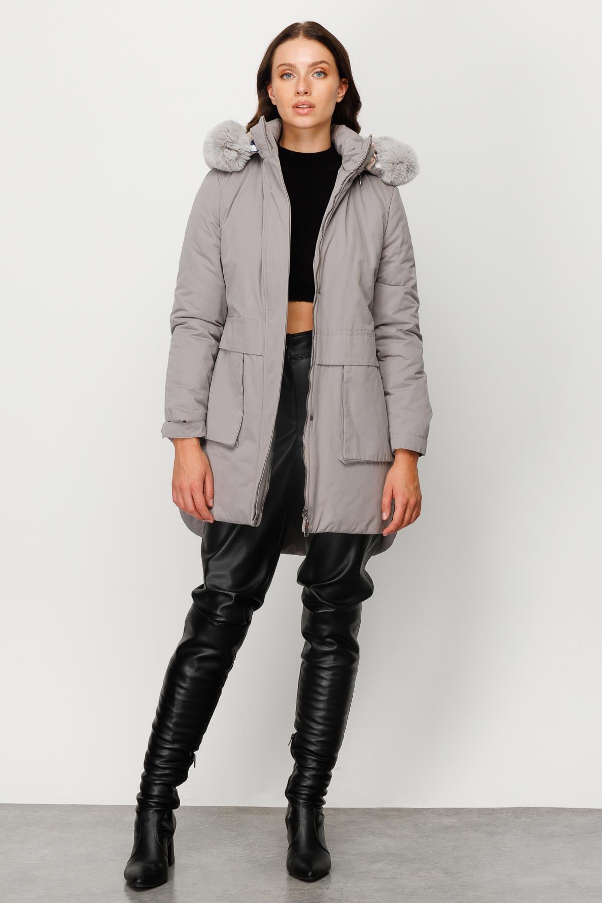 Modailgi  İç Astarı Ekose Desen Parka Kaban Gri