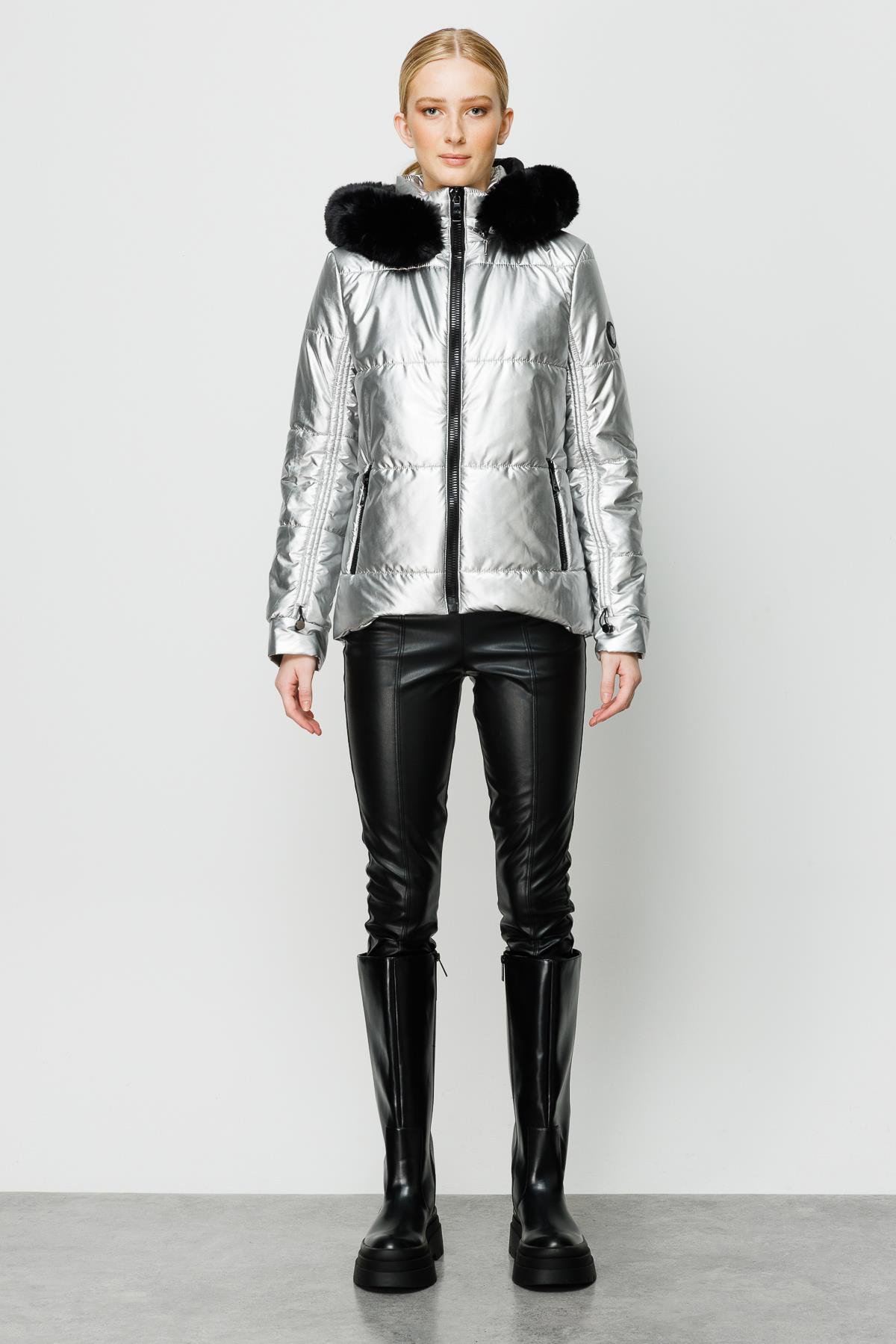 Modailgi  Kapüşonlu Kısa Rugan Şişme Kaban Gri