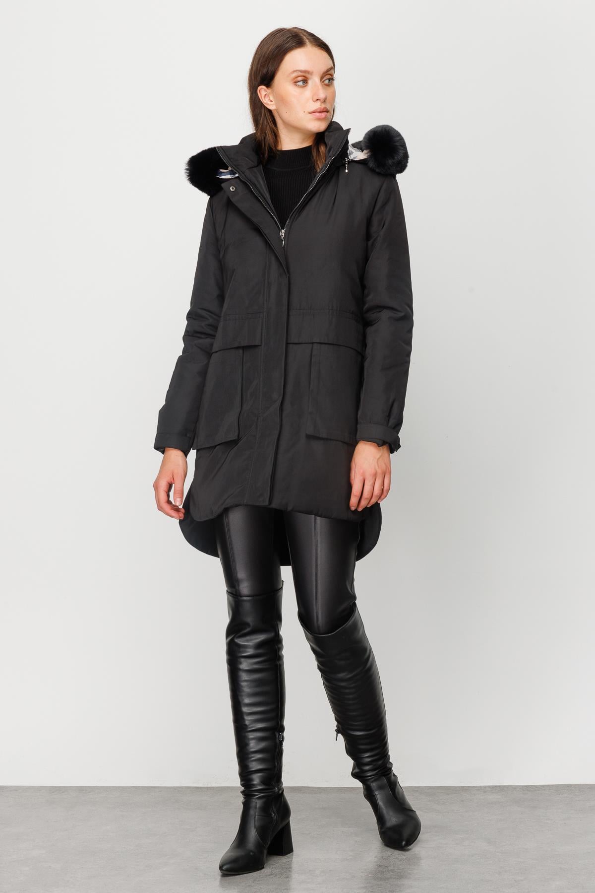 Modailgi  İç Astarı Ekose Desen Parka Kaban Siyah