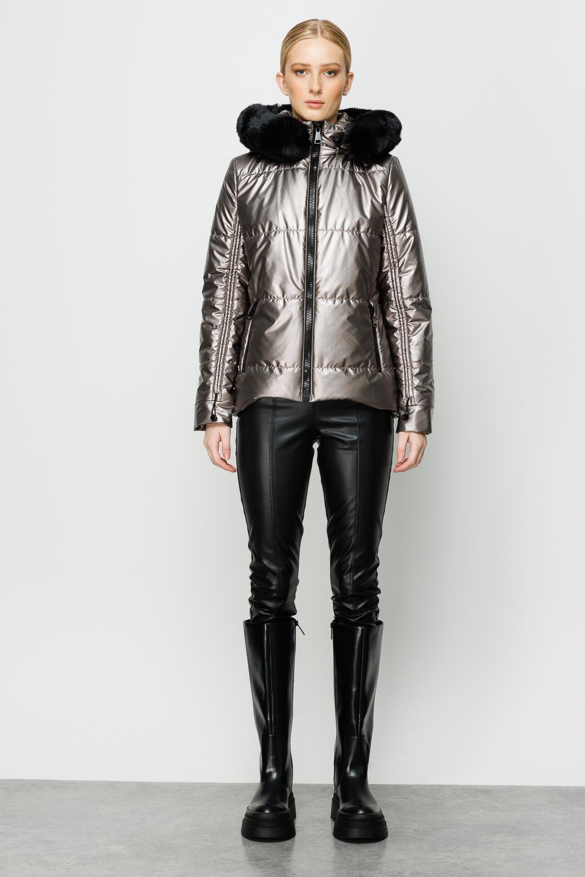 Modailgi  Kapüşonlu Kısa Rugan Şişme Kaban Vizon