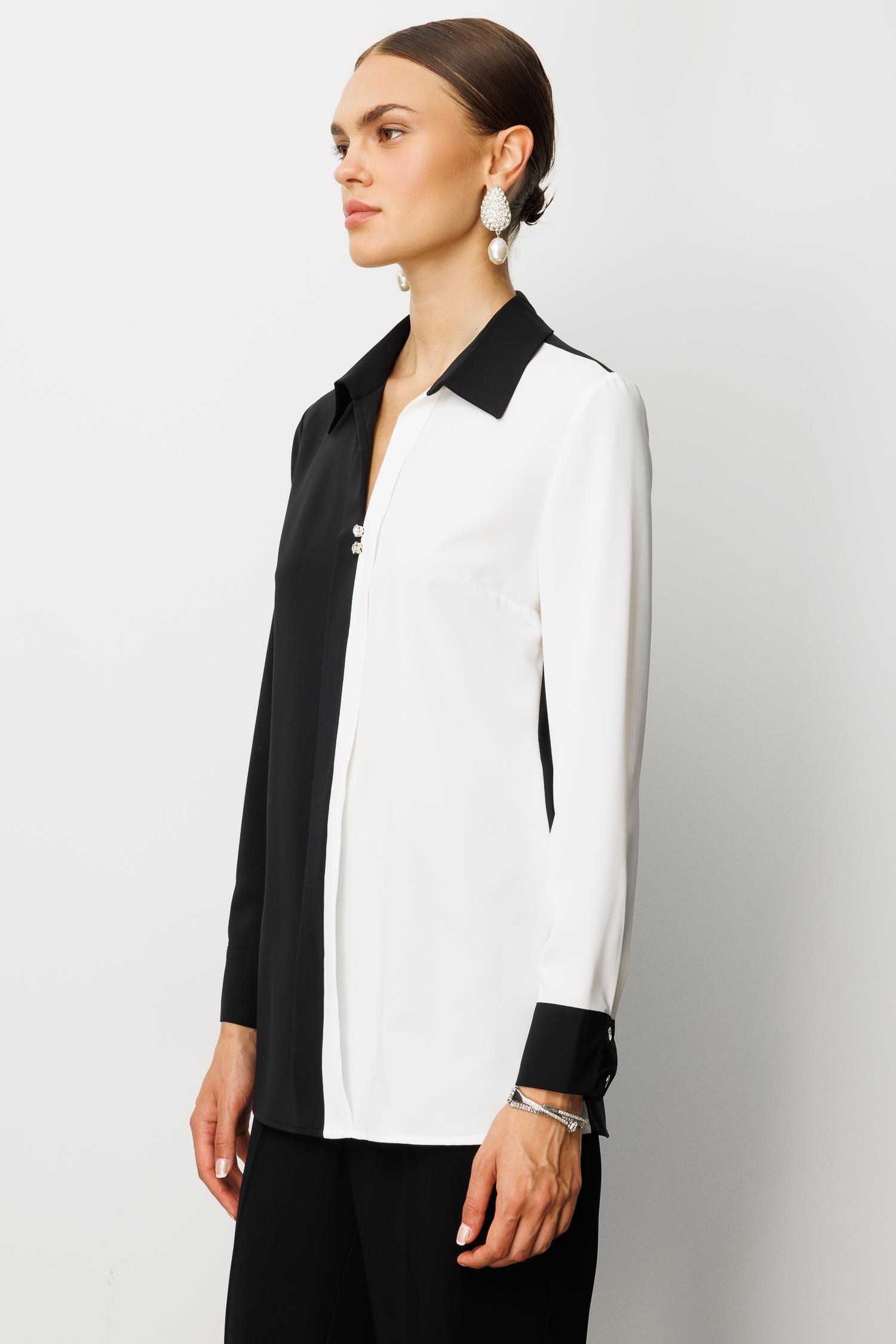 Modailgi  Siyah Ekru Kombinli Yakası Taş Düğmeli Gömlek Siyah/Ekru