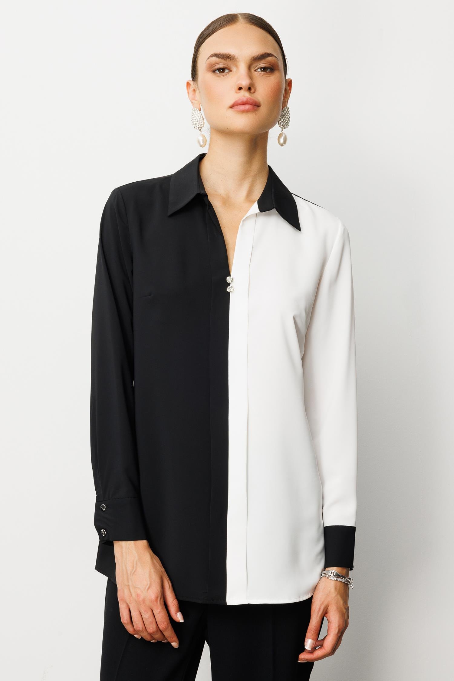 Modailgi  Siyah Ekru Kombinli Yakası Taş Düğmeli Gömlek Siyah/Ekru