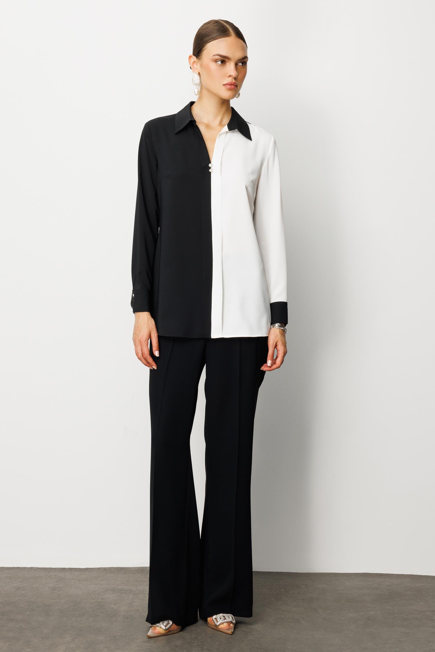 Modailgi  Siyah Ekru Kombinli Yakası Taş Düğmeli Gömlek Siyah/Ekru