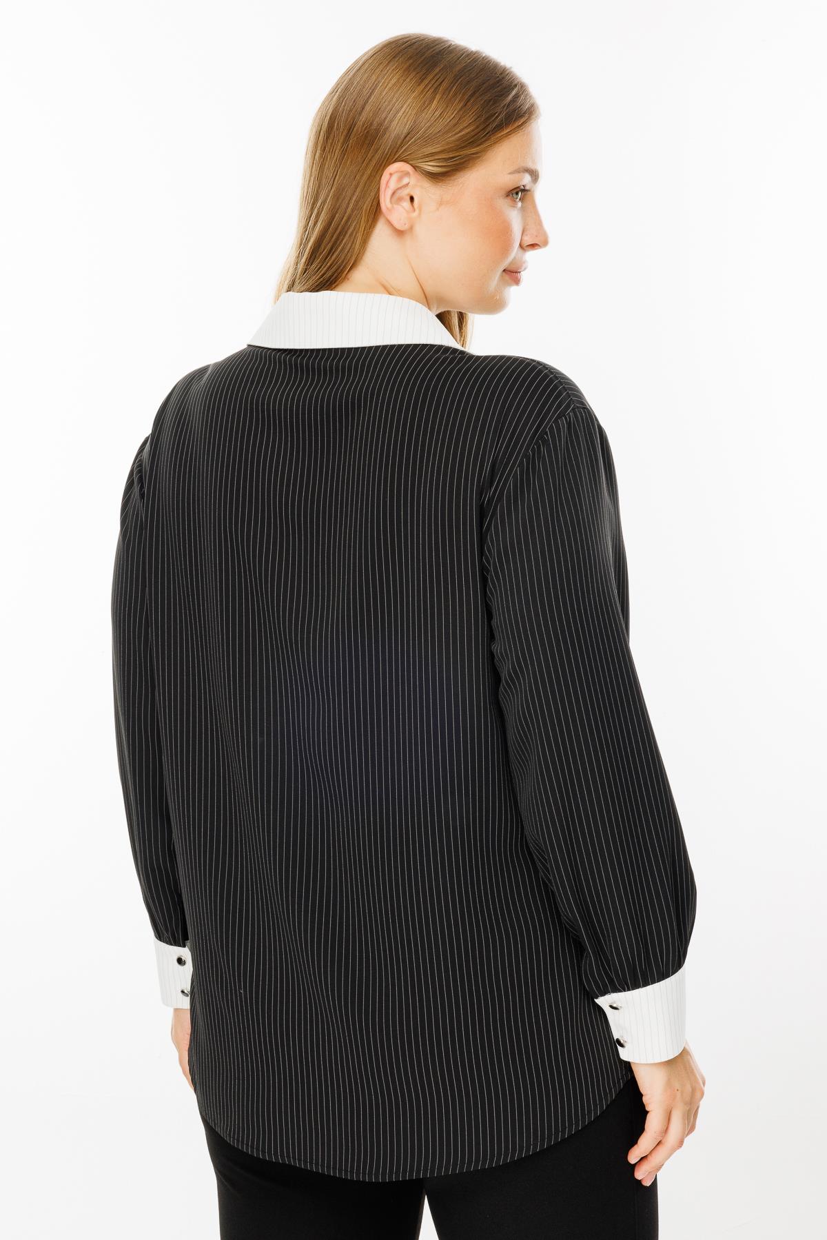 Modailgi  Siyah/Ekru Kombinli Yakası Taşlı Çizgili Gömlek Siyah/Ekru