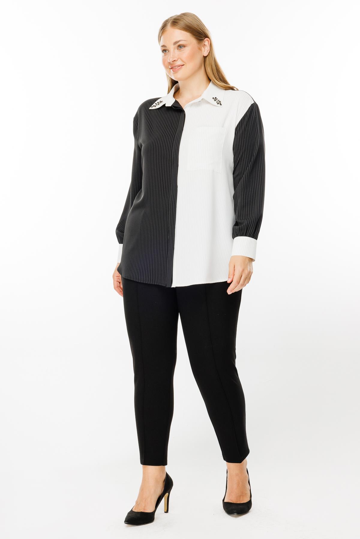 Modailgi  Siyah/Ekru Kombinli Yakası Taşlı Çizgili Gömlek Siyah/Ekru