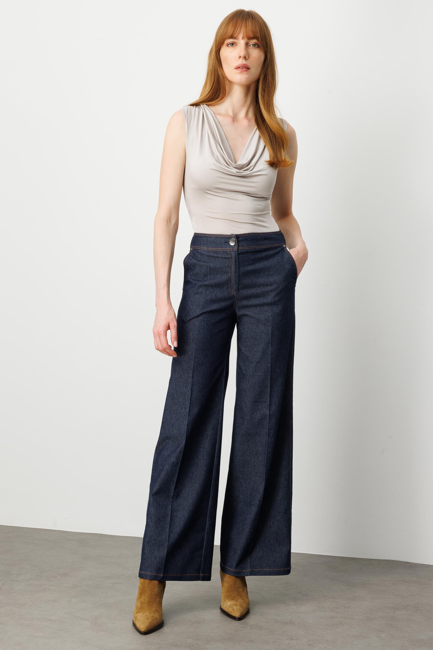 Modailgi  Spor Dikiş Detaylı İspanyol Paça Yüksek Bel Tencel Kot Pantolon Lacivert