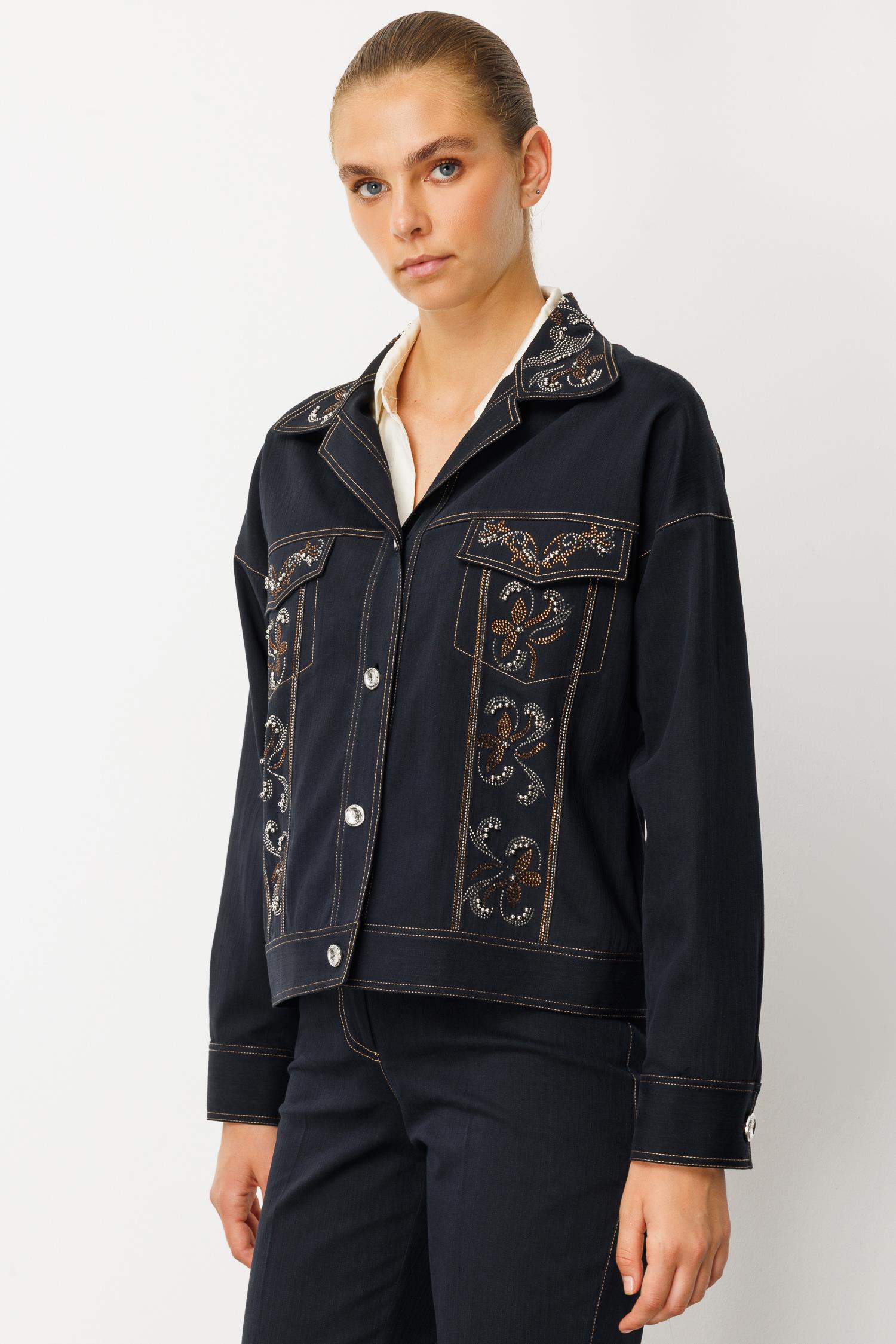 Modailgi  Spor Dikişli Taş Aksesuar Detaylı Oversize Denim Ceket - 40019 Lacivert