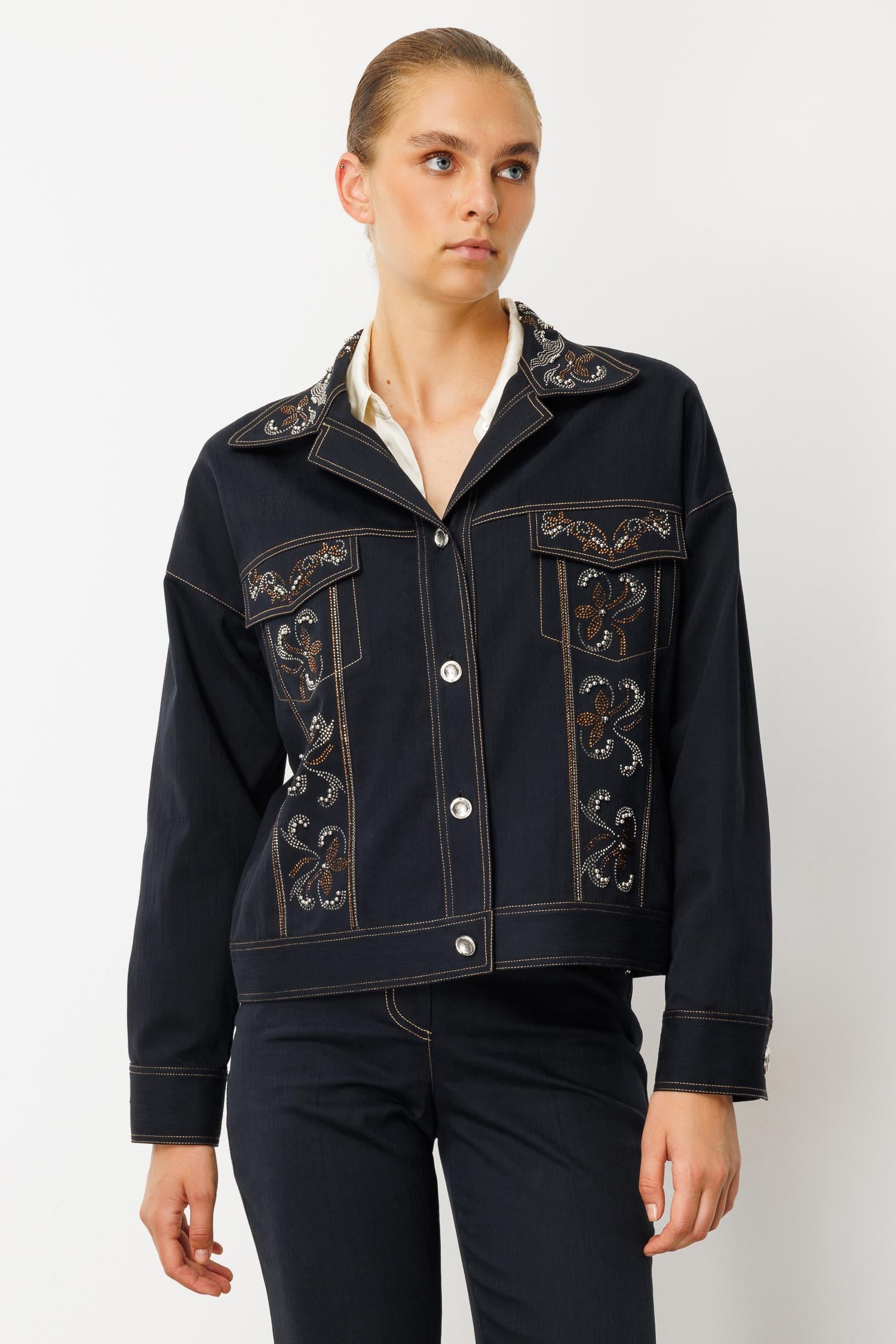 Modailgi  Spor Dikişli Taş Aksesuar Detaylı Oversize Denim Ceket - 40019 Lacivert