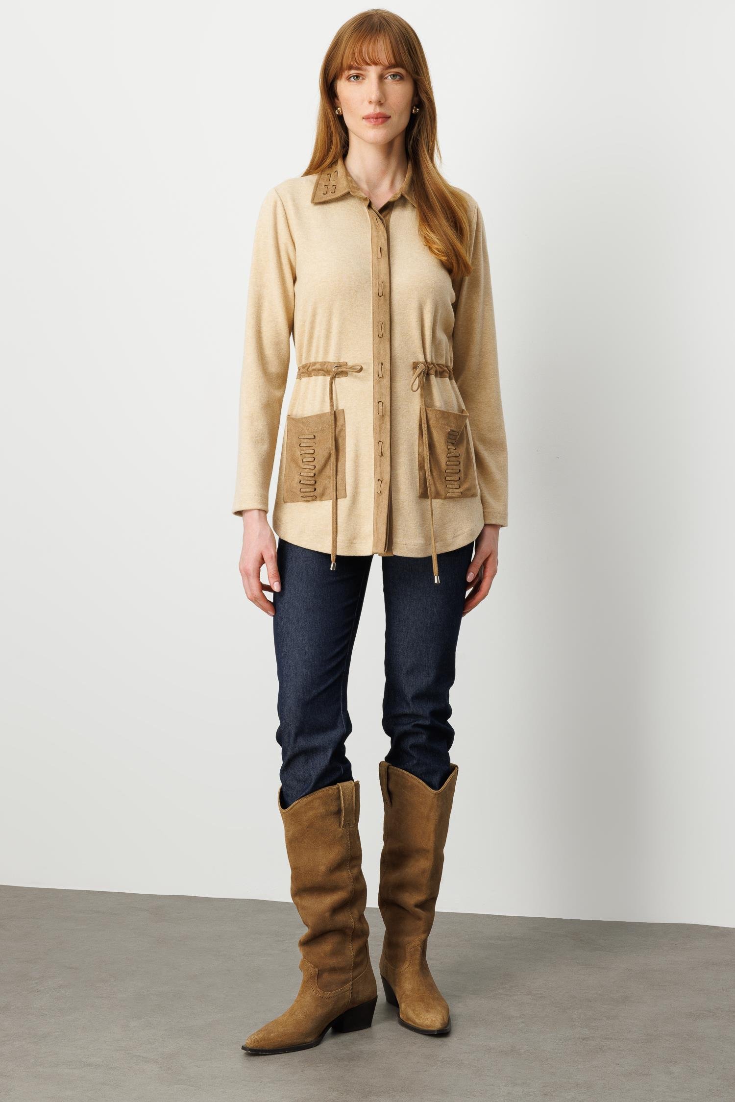 Modailgi  Süet Kumaş Garni Detaylı Belden Tünel Bağcıklı Lazer Kesim Triko Gömlek Camel