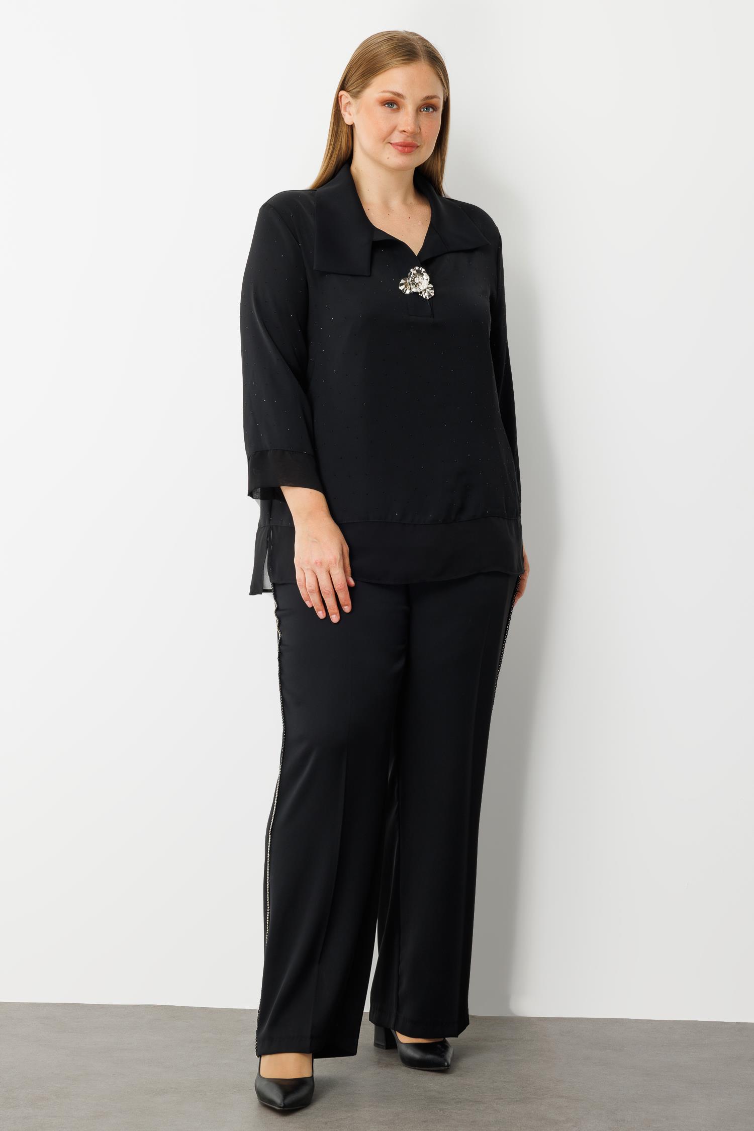 Modailgi  Takma Kol Geniş Yaka Broş Detaylı Bluz - 30053 Siyah