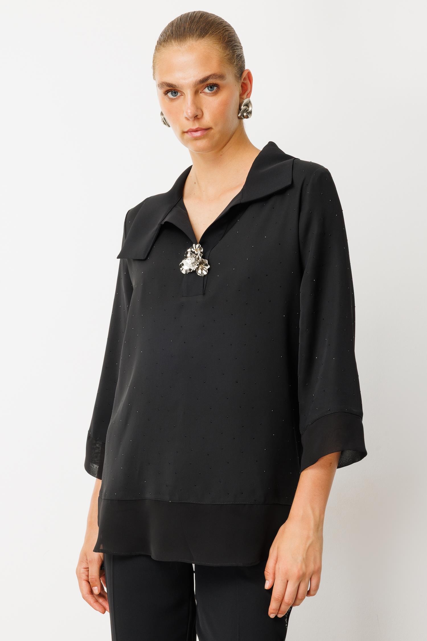 Modailgi  Takma Kol Geniş Yaka Broş Detaylı Bluz - 40002 Siyah