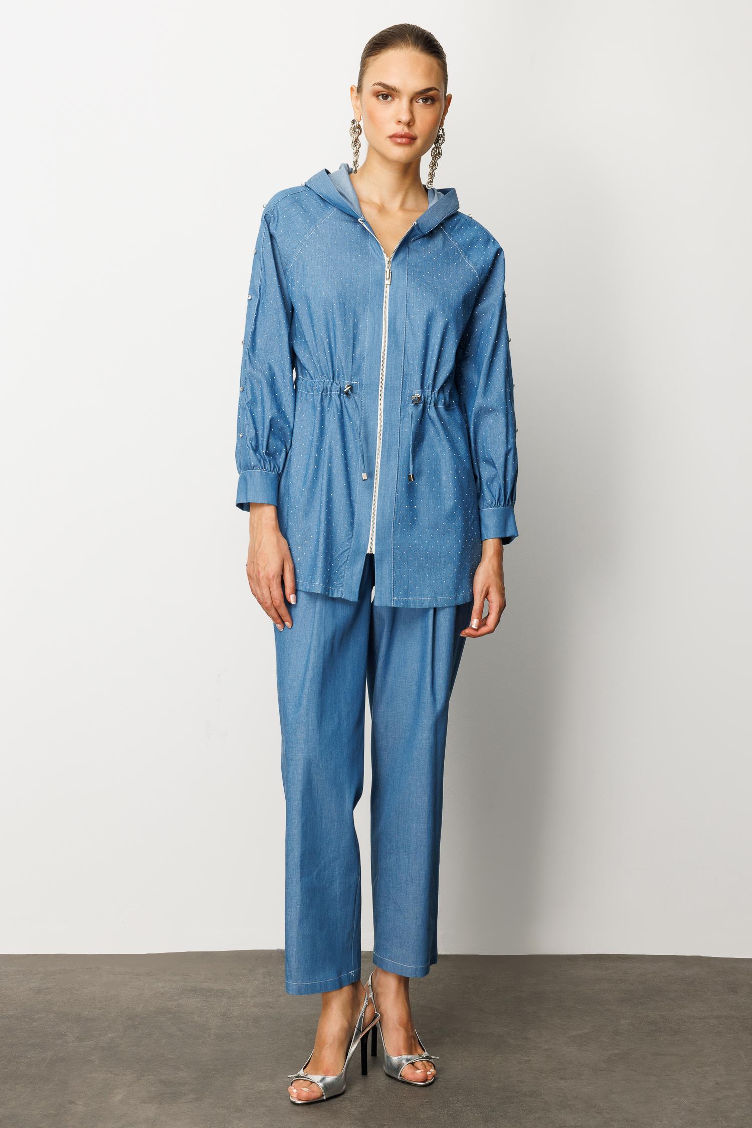 Modailgi  Taş Detaylı Fermuar Kapamalı Kapüşonlu Tunik İndigo