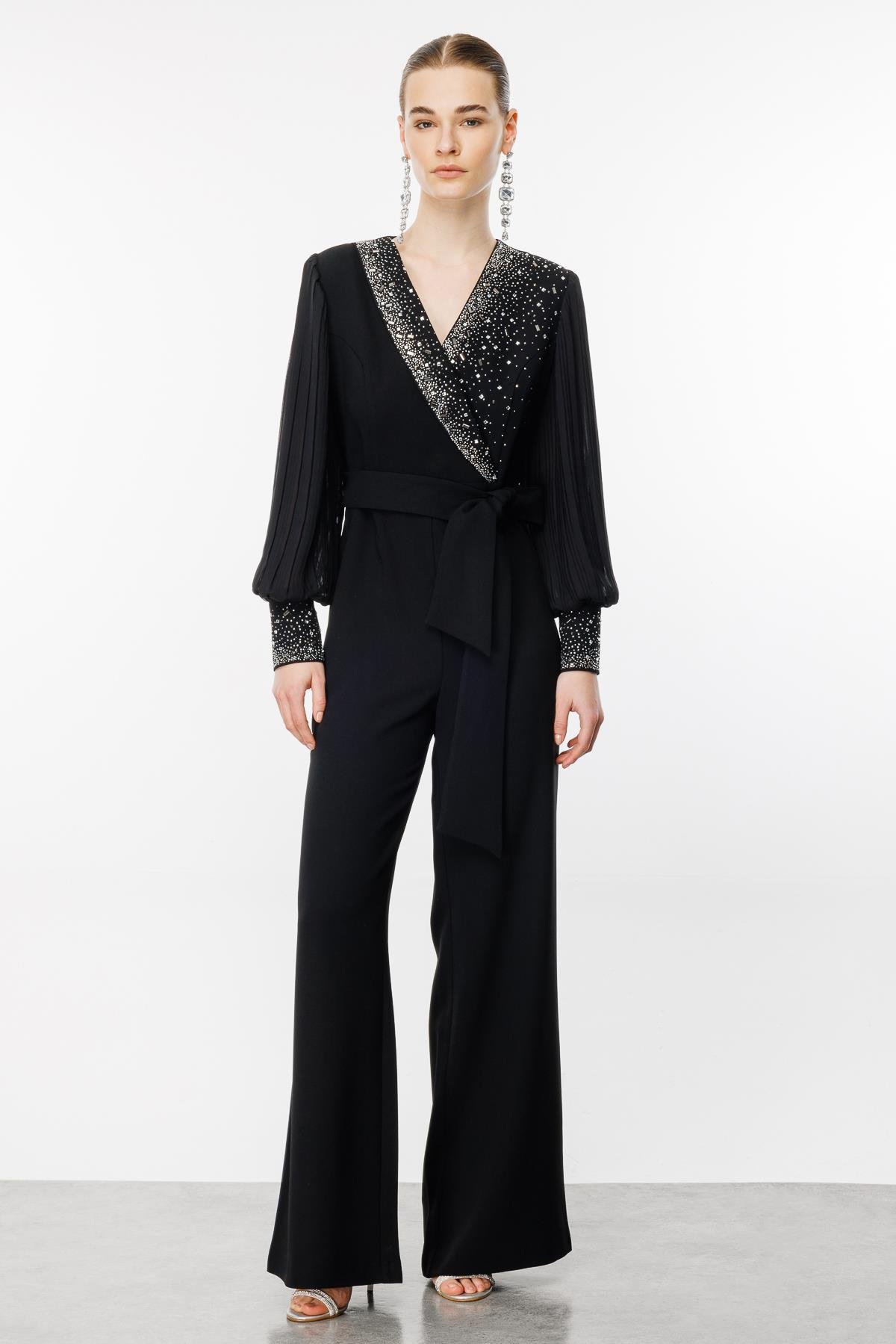 Modailgi  Taş Detaylı Kolları Piliseli Tulum Siyah