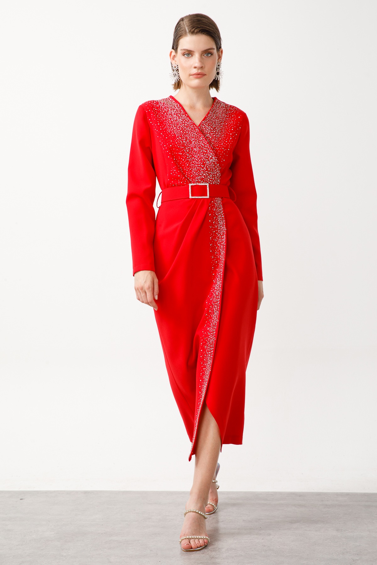 Modailgi  Taş Detaylı Uzun Elbise Kırmızı