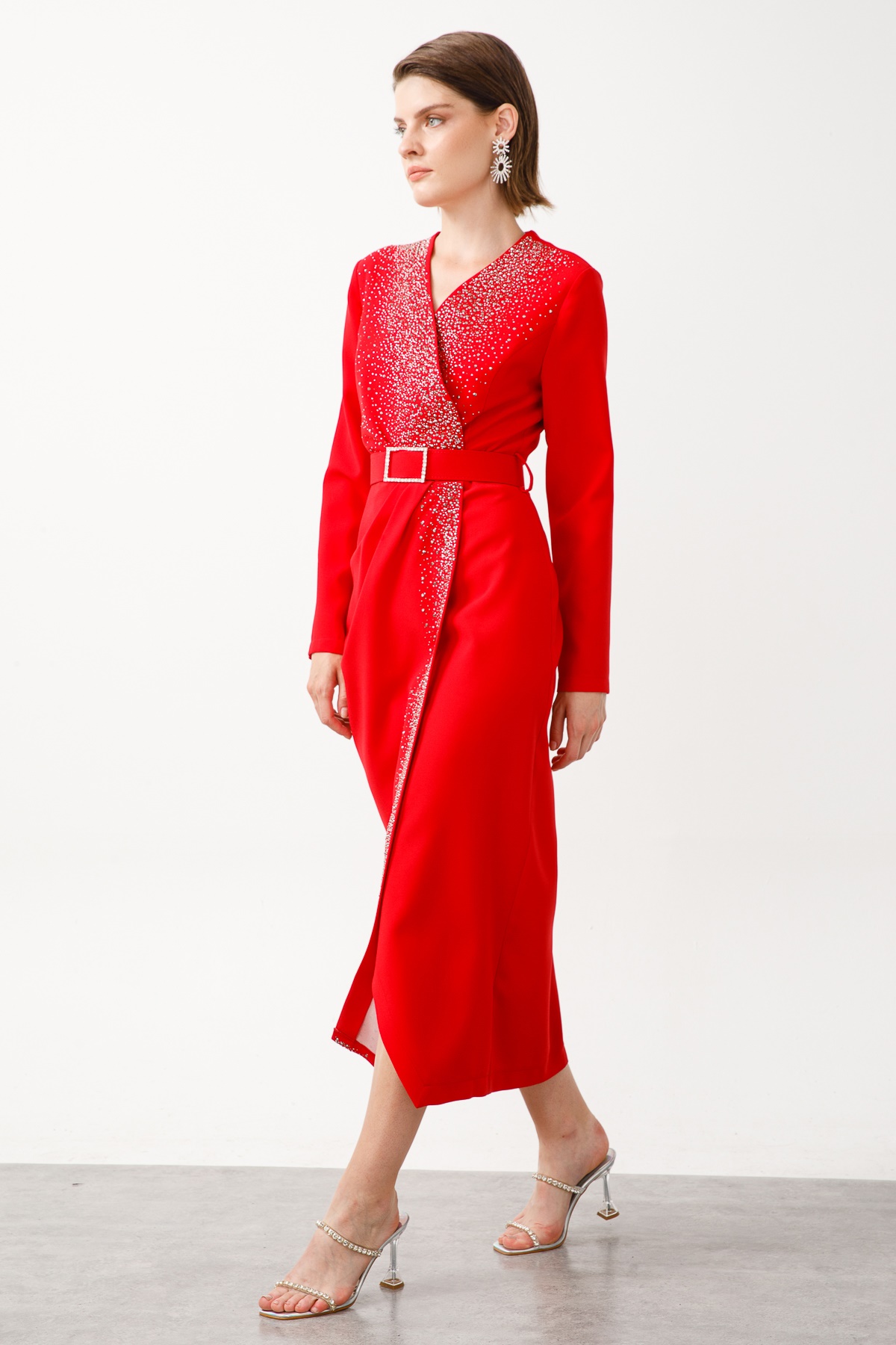 Modailgi  Taş Detaylı Uzun Elbise Kırmızı