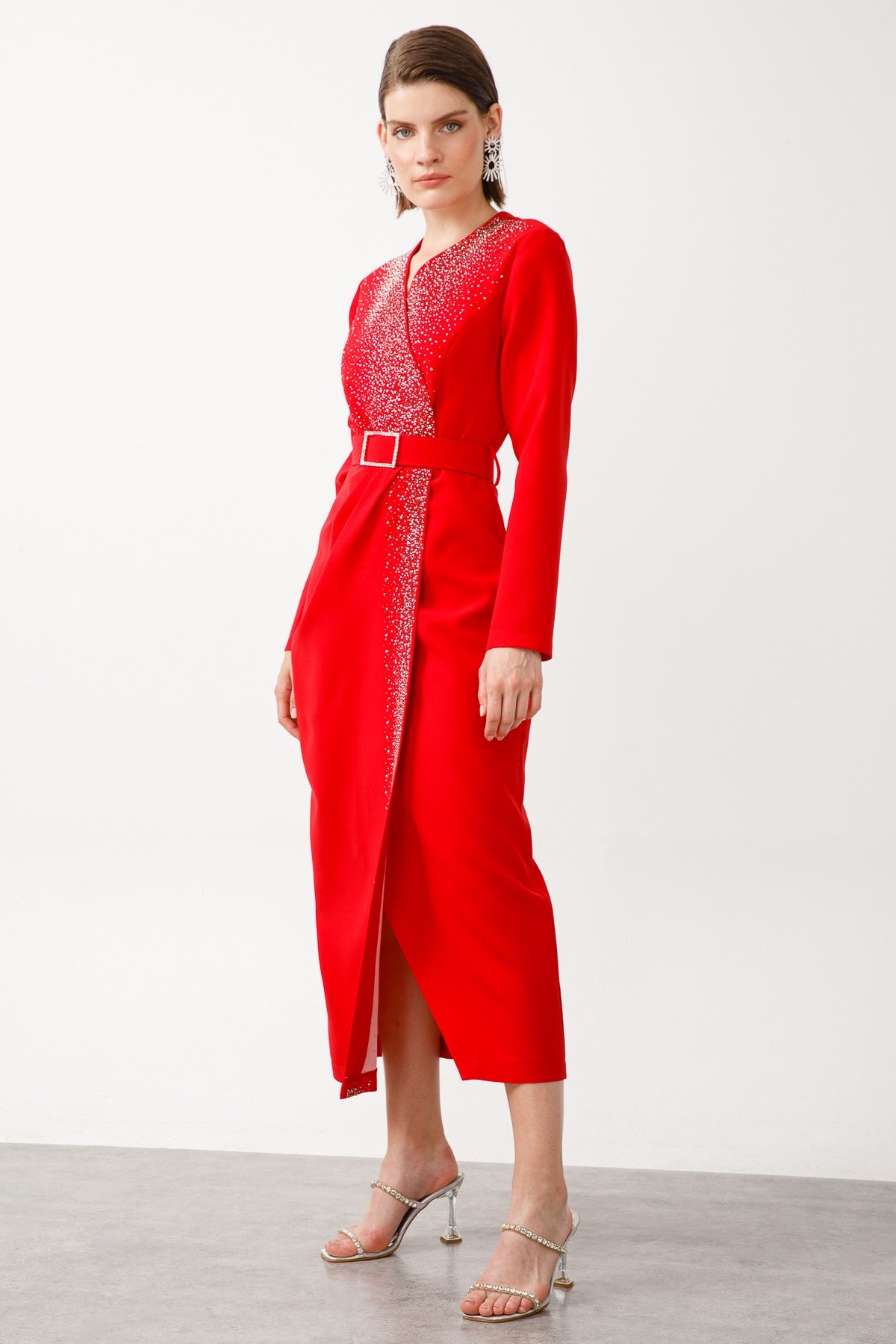 Modailgi  Taş Detaylı Uzun Elbise Kırmızı