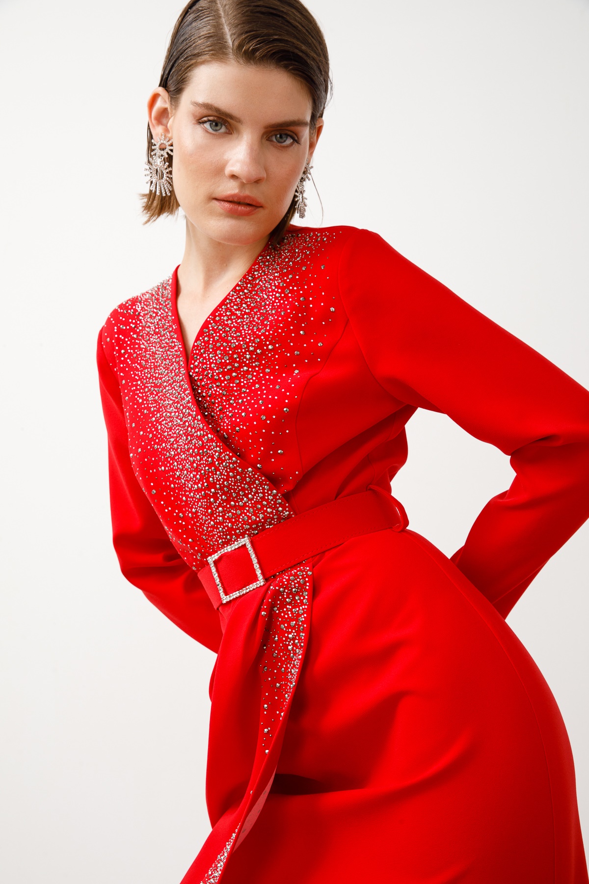 Modailgi  Taş Detaylı Uzun Elbise Kırmızı