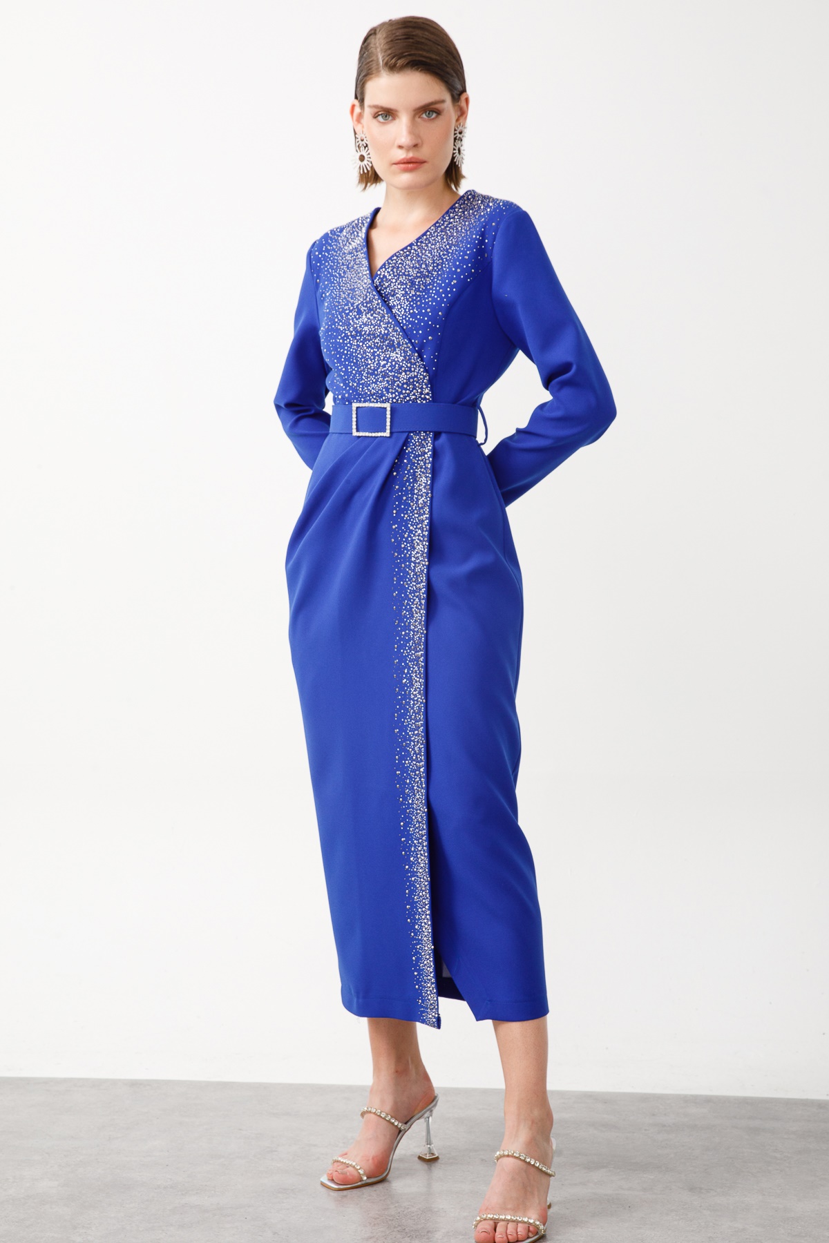 Modailgi  Taş Detaylı Uzun Elbise Saks