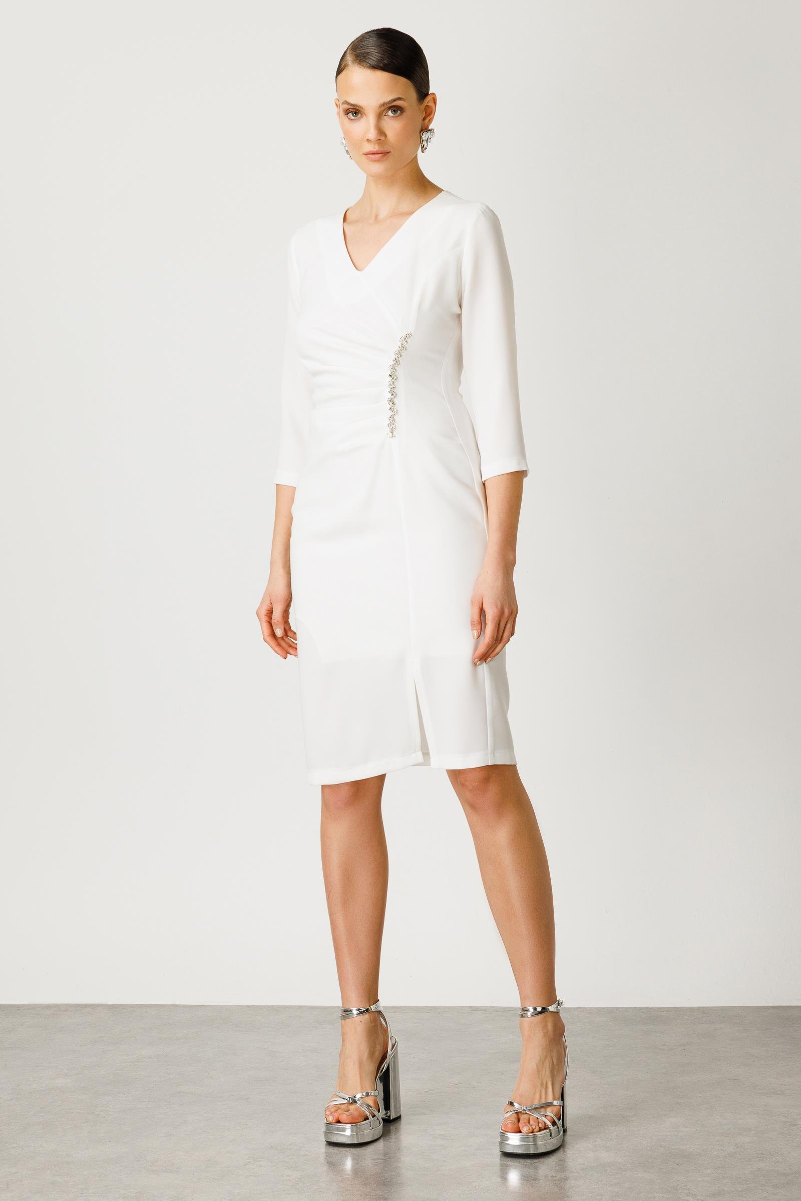 Modailgi  Taş Detaylı Yırtmaçlı Midi Boy Elbise Ekru