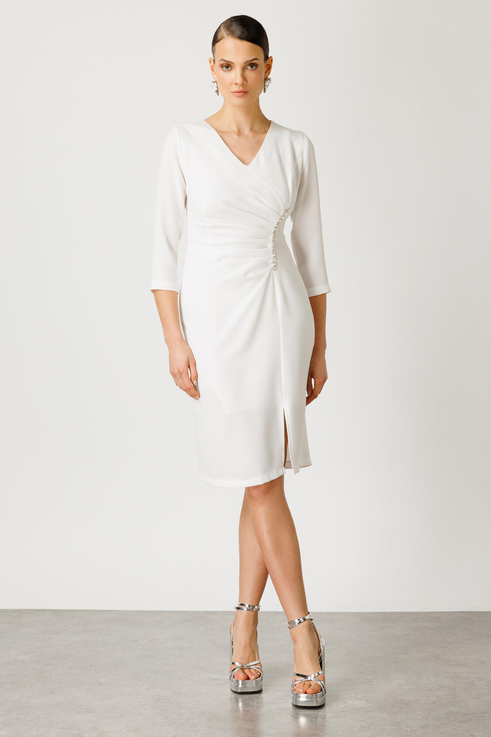 Modailgi  Taş Detaylı Yırtmaçlı Midi Boy Elbise Ekru