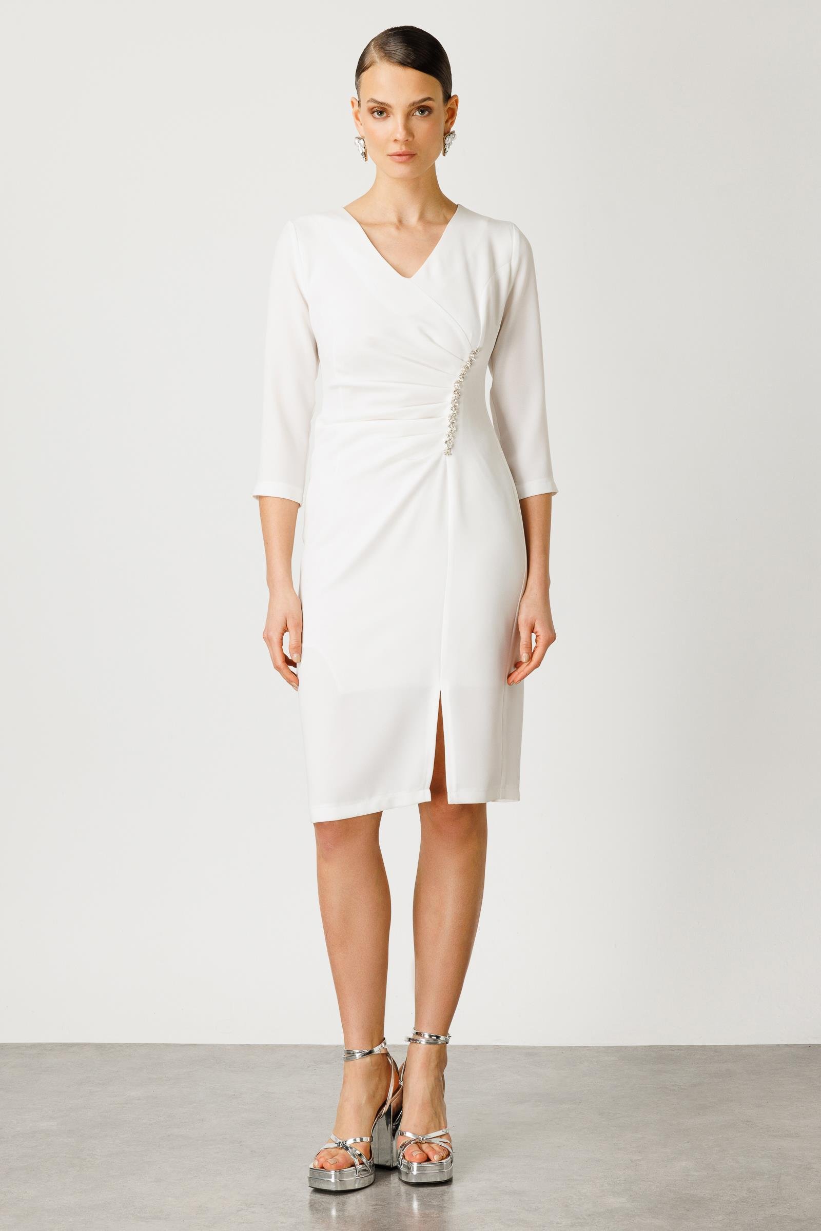 Modailgi  Taş Detaylı Yırtmaçlı Midi Boy Elbise Ekru