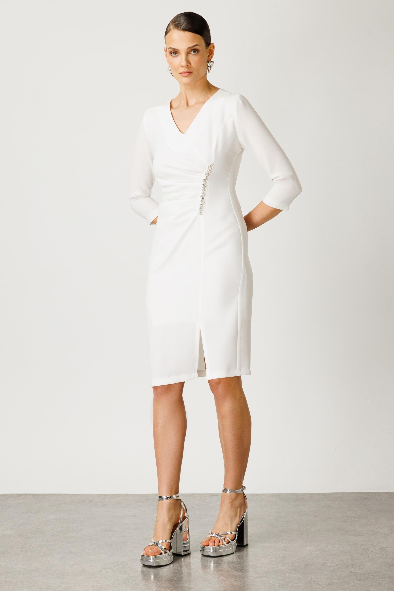 Modailgi  Taş Detaylı Yırtmaçlı Midi Boy Elbise Ekru