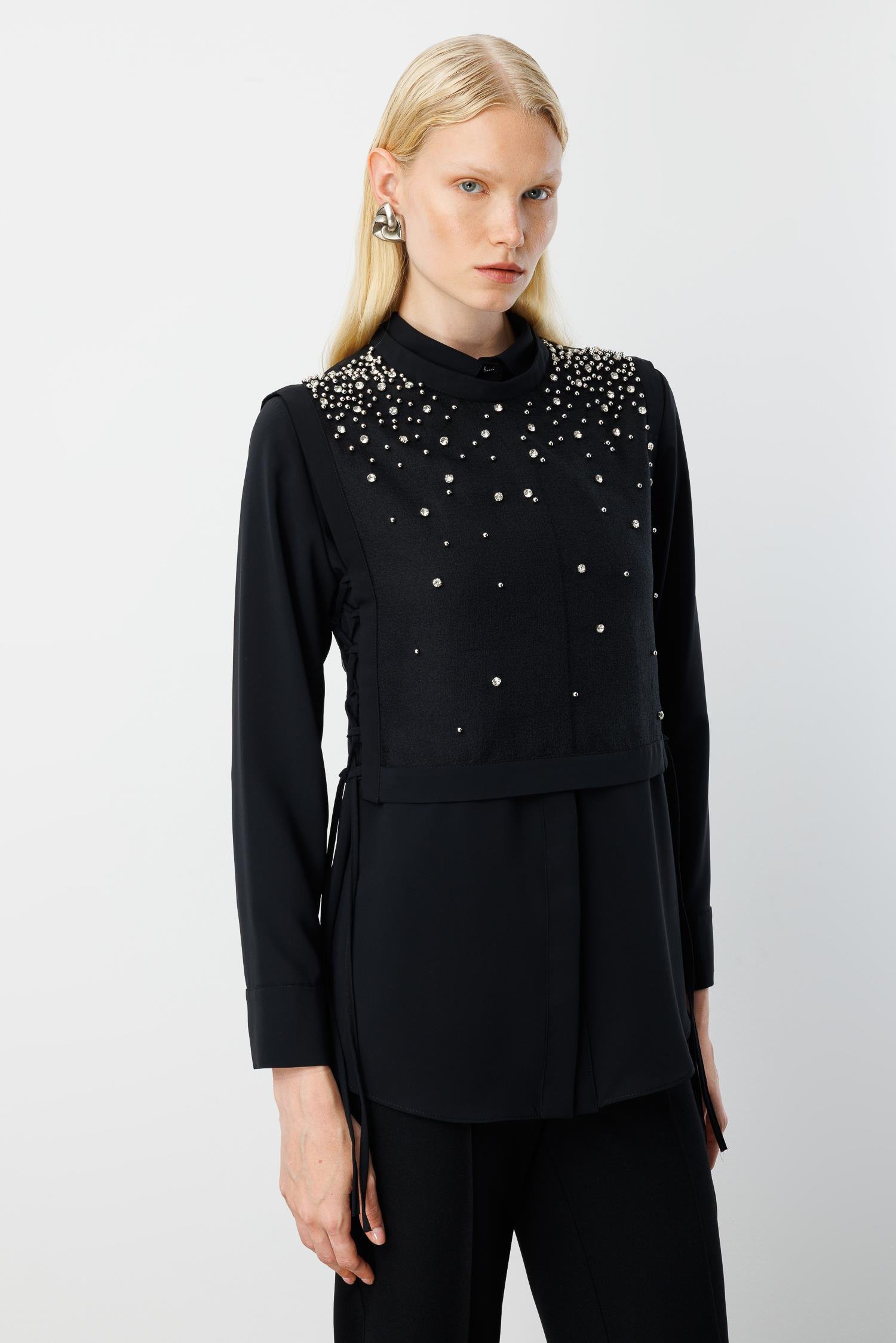 Modailgi  Taş İşlemeli Organze Süveter Gömlek Takım Siyah/Siyah