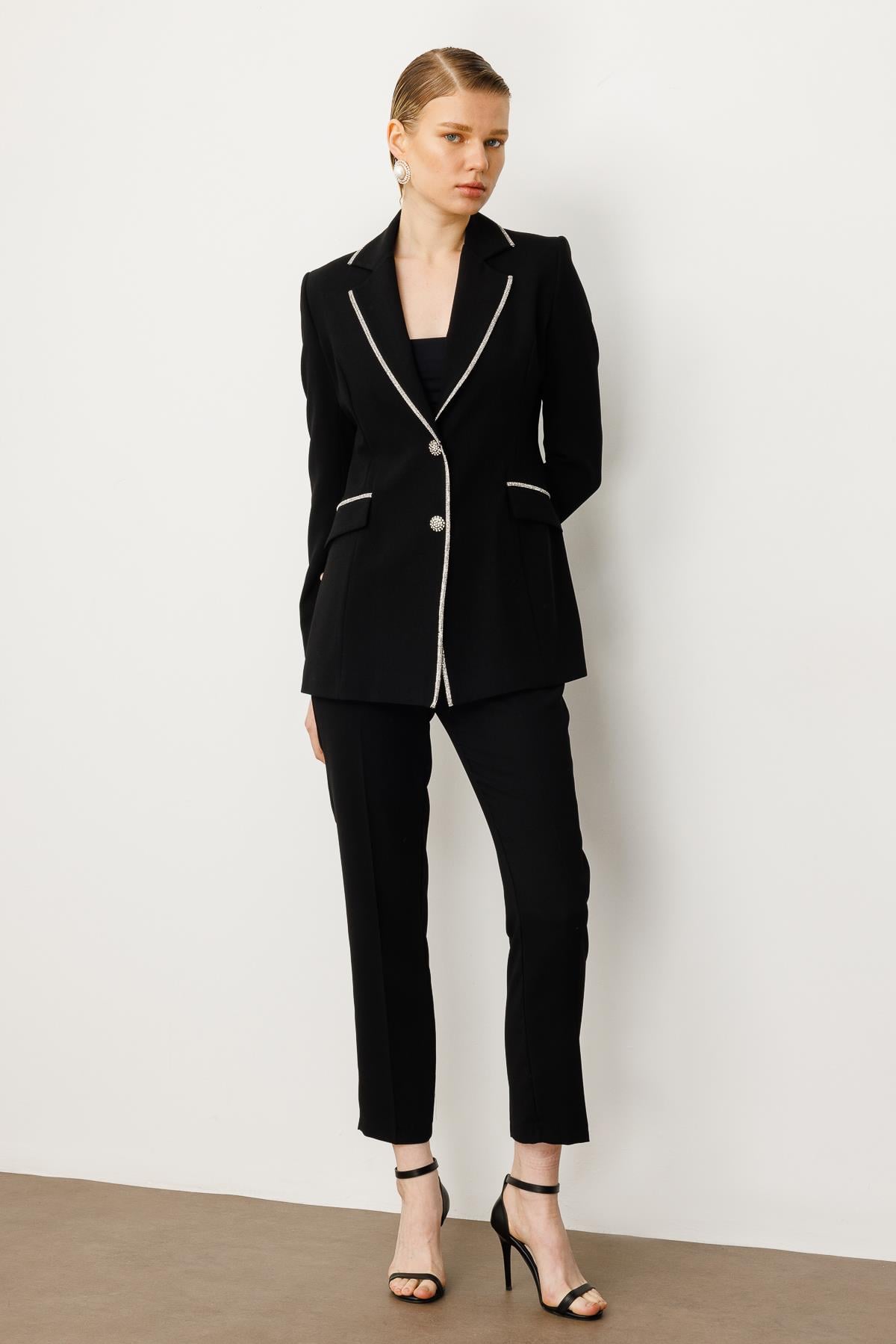 Modailgi  Taş Şeritli Çift Düğmeli Ceket Siyah