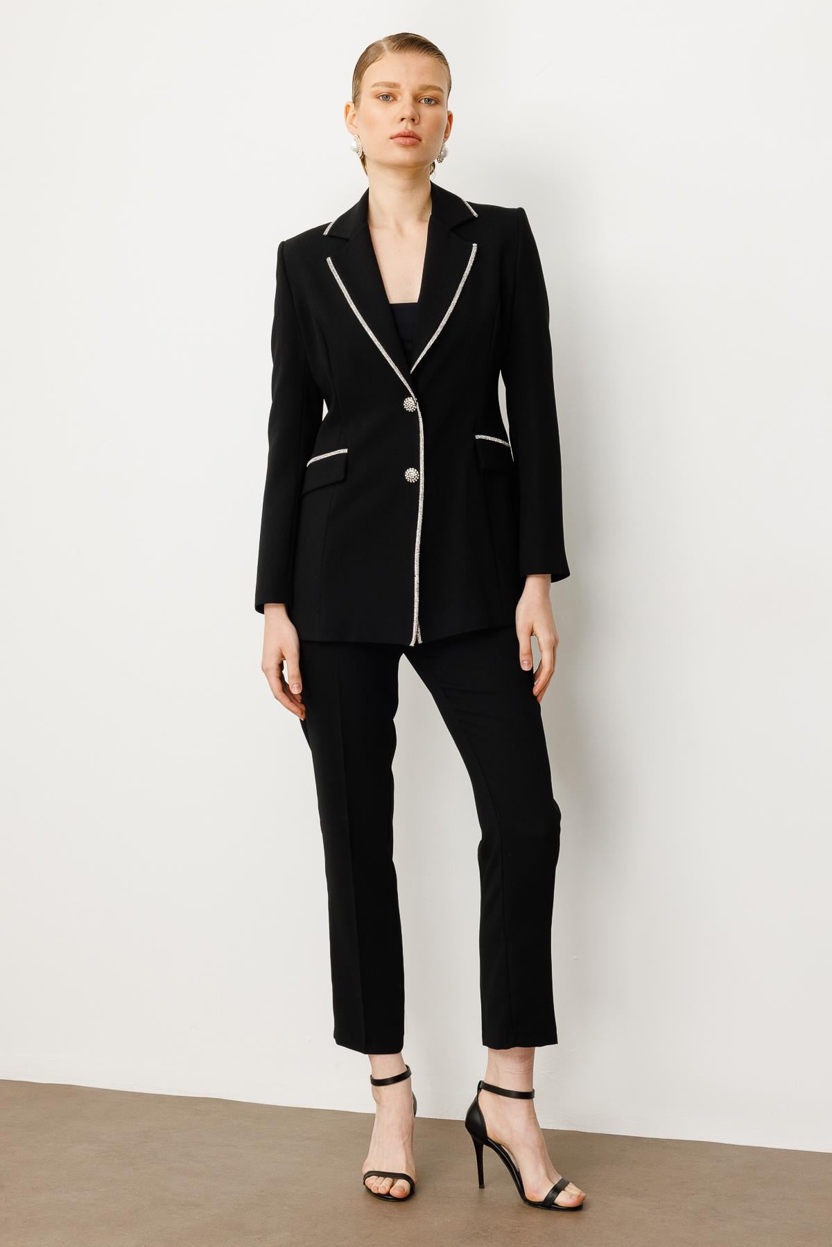 Modailgi  Taş Şeritli Çift Düğmeli Ceket Siyah