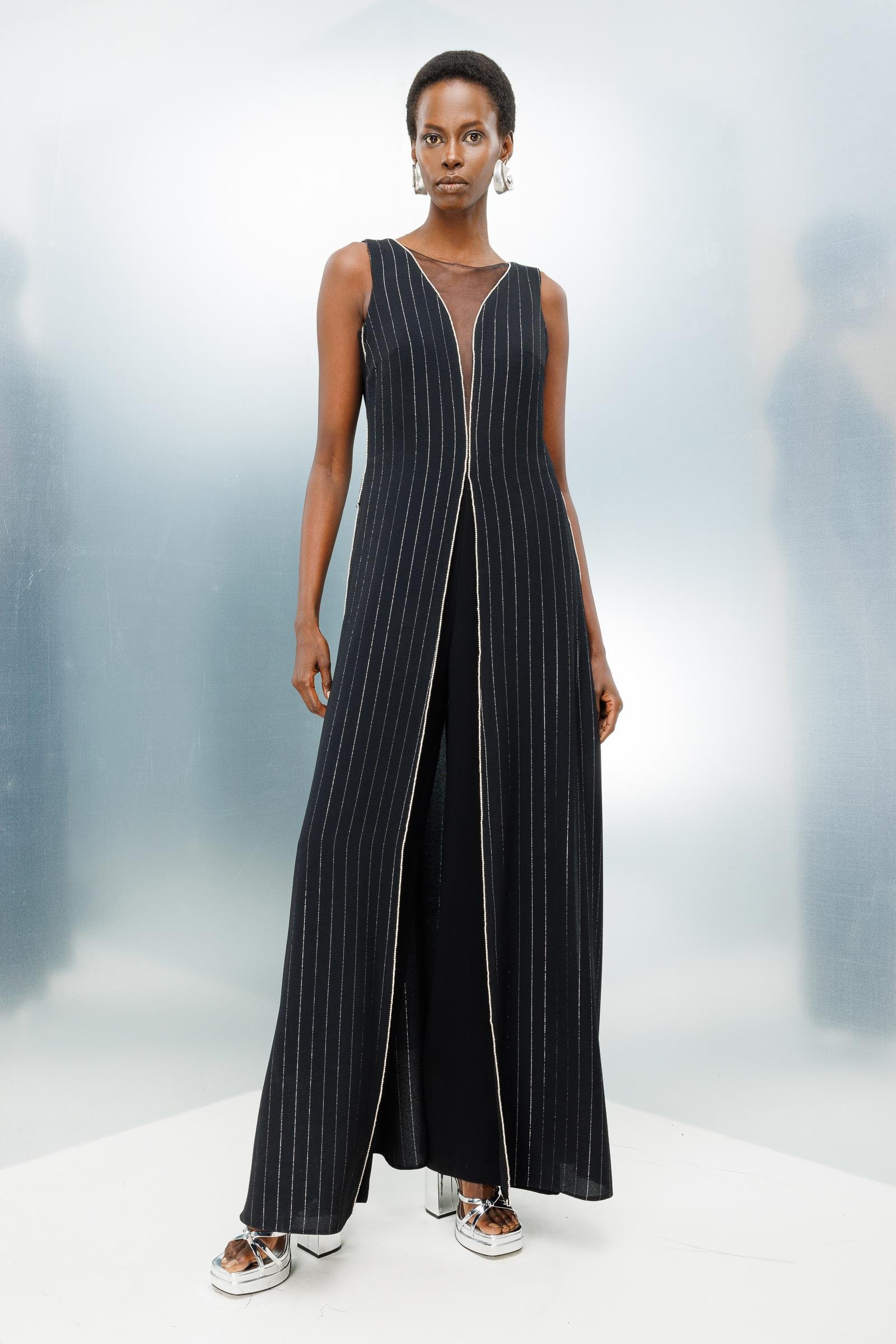 Modailgi  Taş Şeritli Simli Çizgili Tulum Siyah