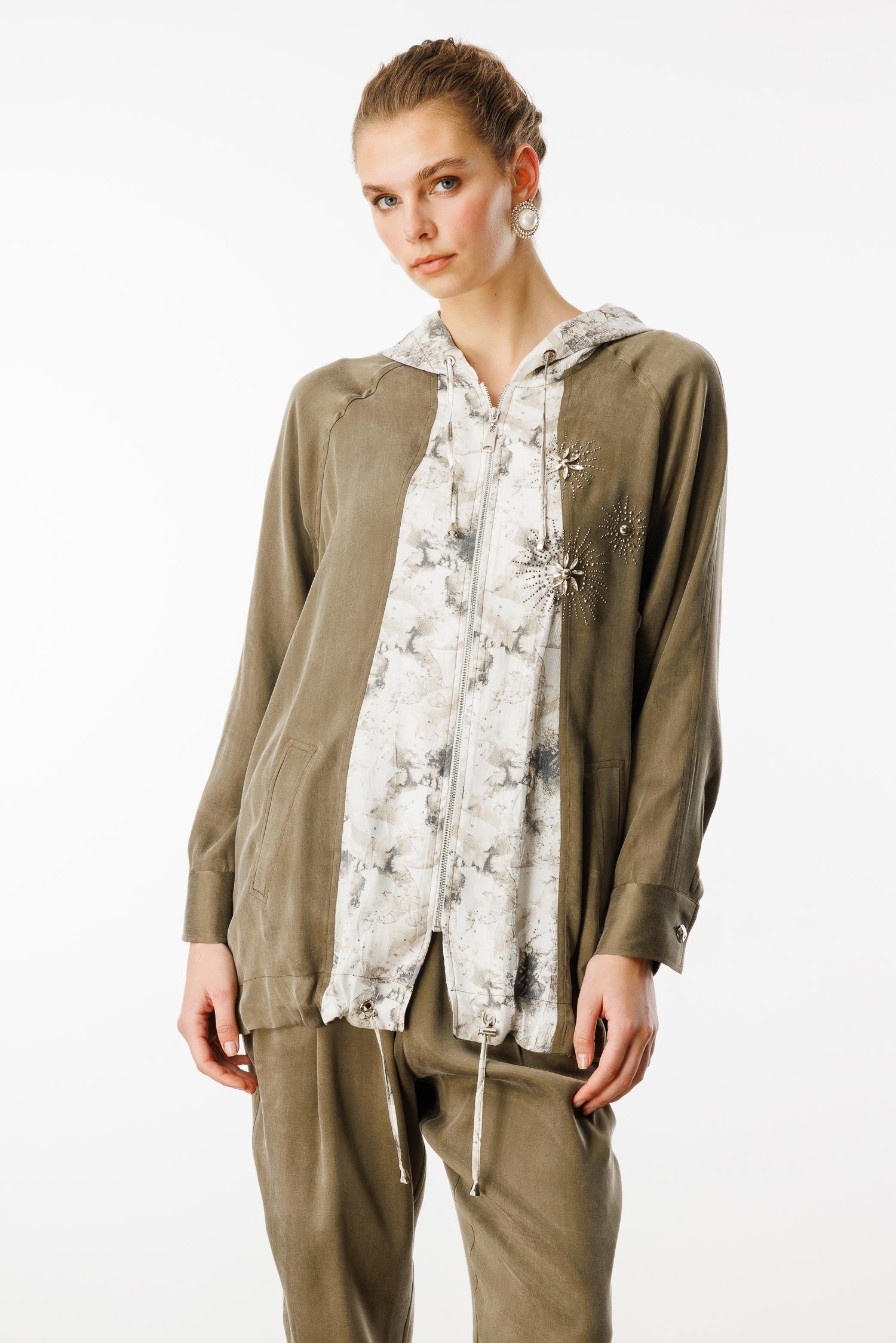 Modailgi  Taş ve İnci İşlemeli Düz Kumaş Garni Detaylı Kapüşonlu Tunik Orijinal