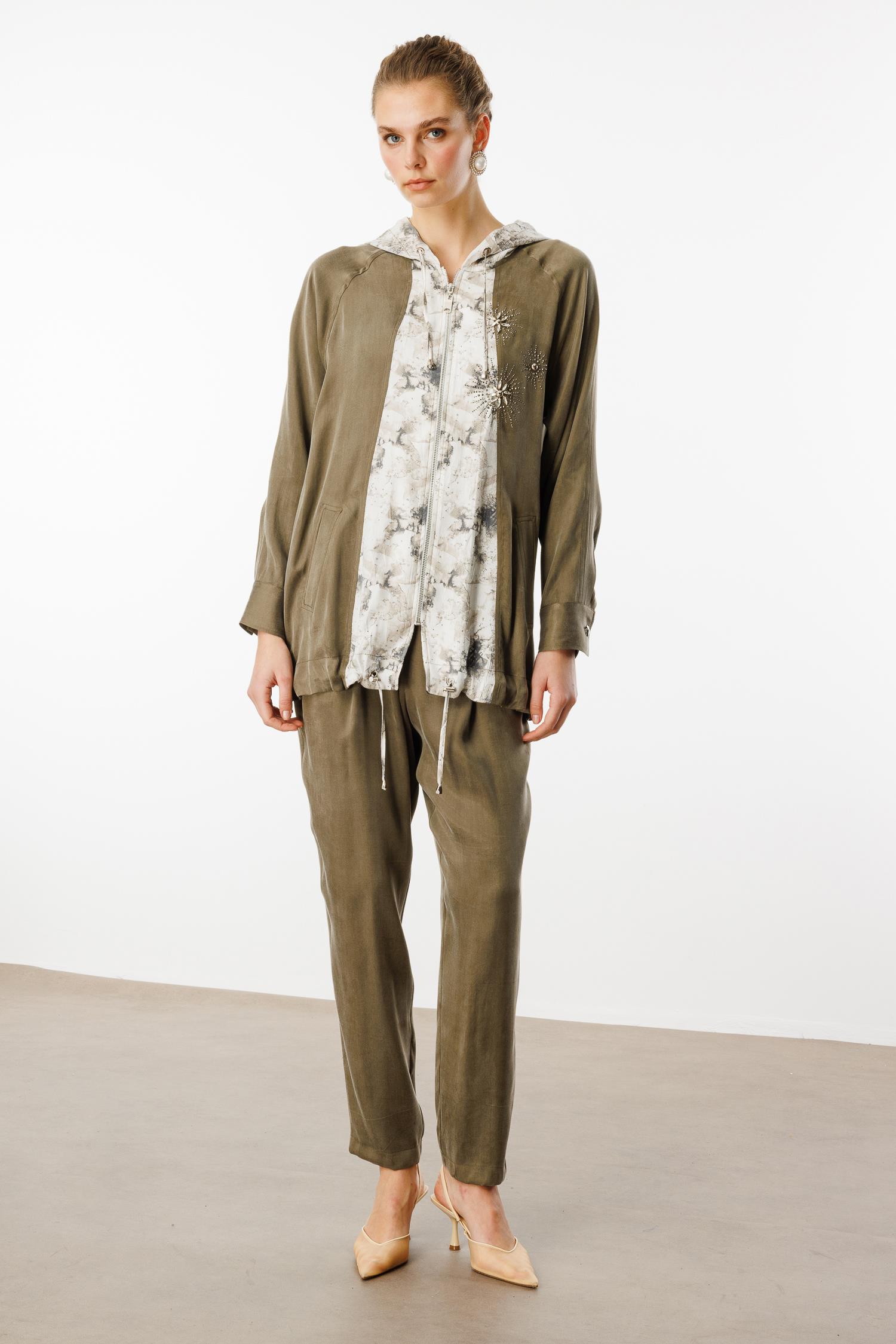 Modailgi  Taş ve İnci İşlemeli Düz Kumaş Garni Detaylı Kapüşonlu Tunik Orijinal