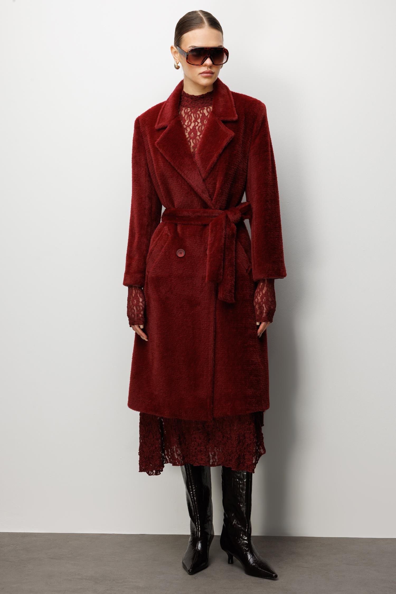 Modailgi  Tay Kumaş Kruvaze Kaban Bordo