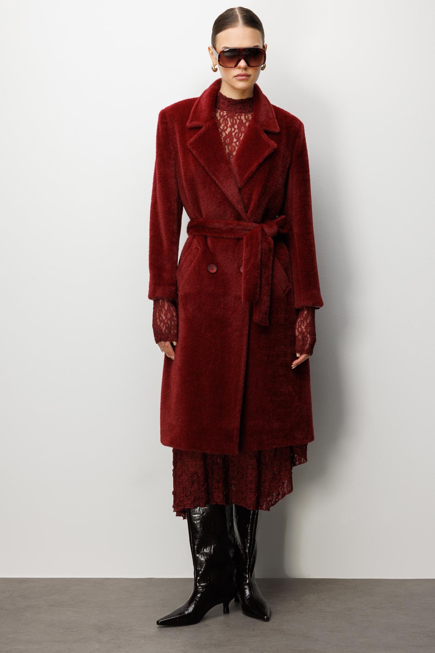 Modailgi  Tay Kumaş Kruvaze Kaban Bordo