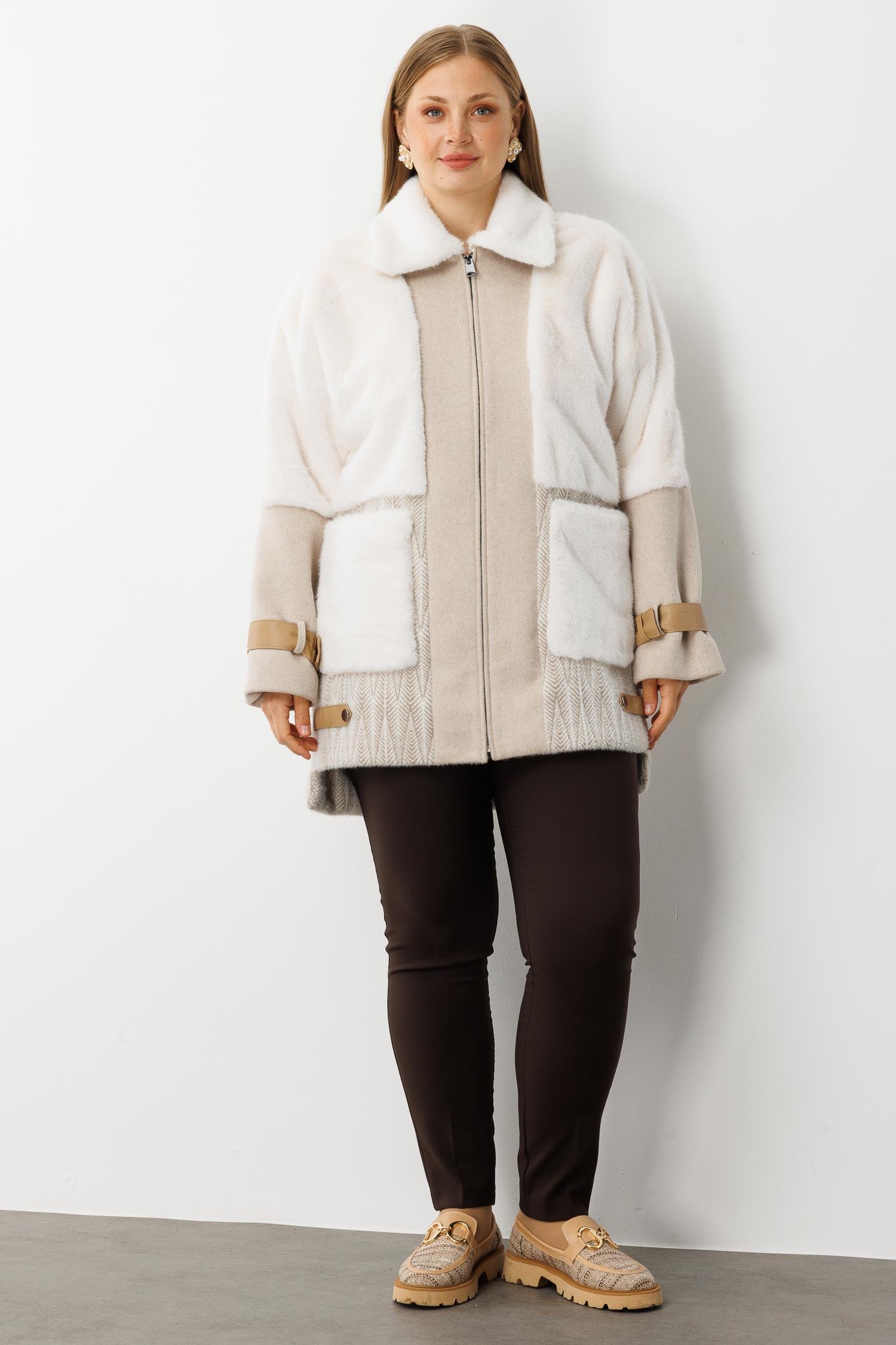 Modailgi  Torba Cepli Fermuarlı Desenli Alcantara Kaban Bej