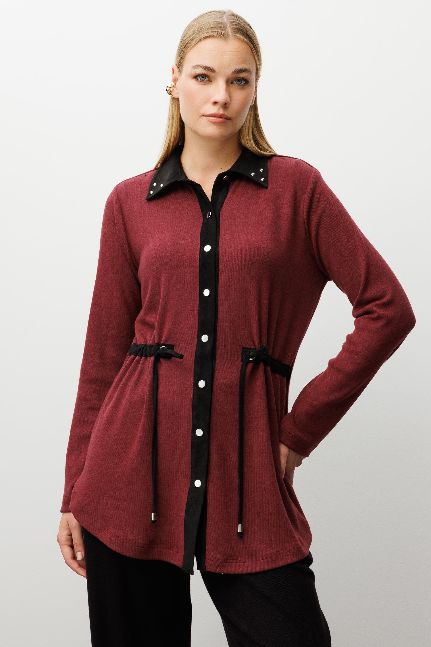 Modailgi  Triko Ve Süet Karışımlı Belden Tünelli Lase Nakış Vetrok Detaylı Triko Gömlek Bordo