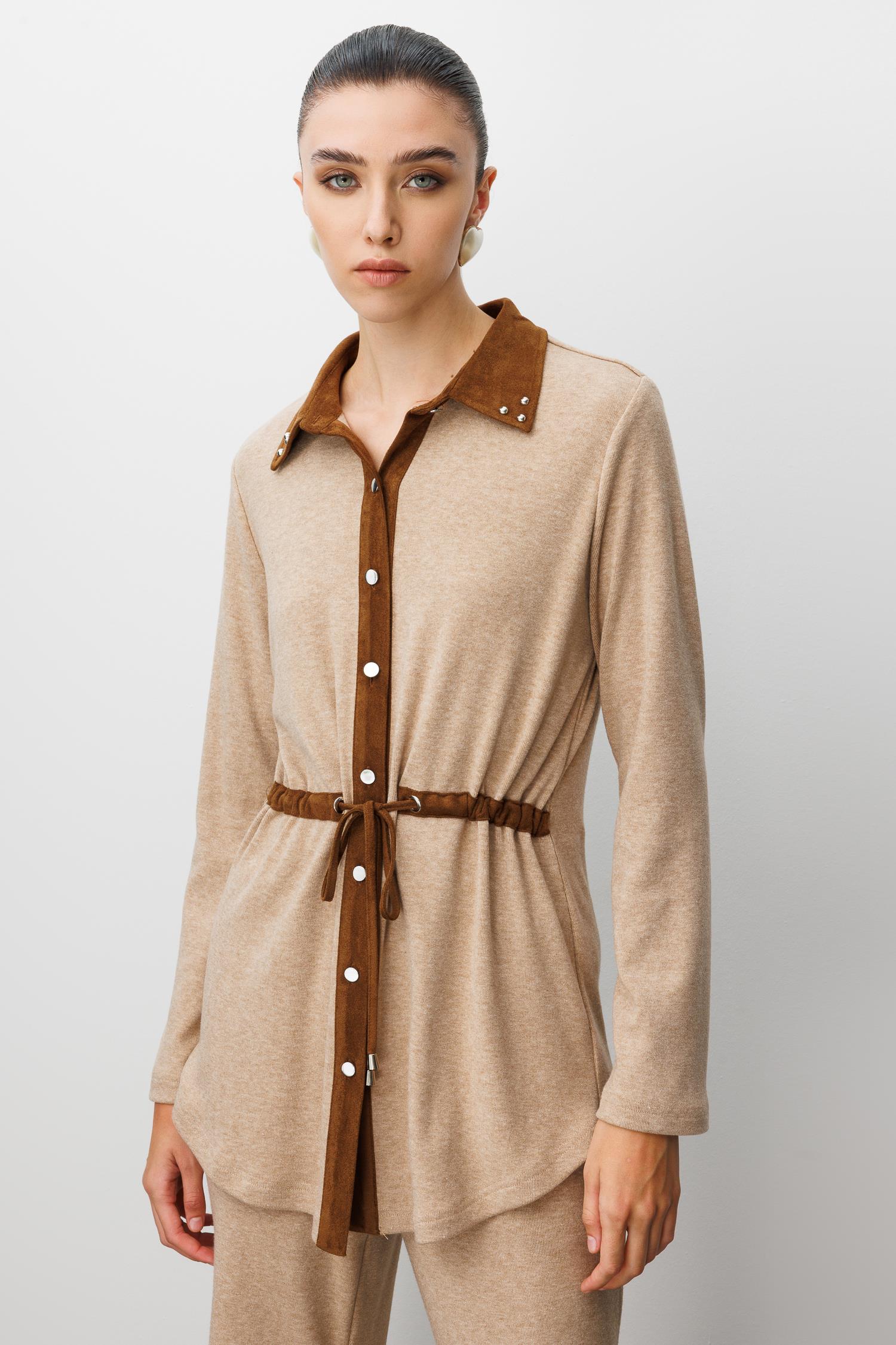 Modailgi  Triko Ve Süet Karışımlı Belden Tünelli Lase Nakış Vetrok Detaylı Triko Gömlek Vizon